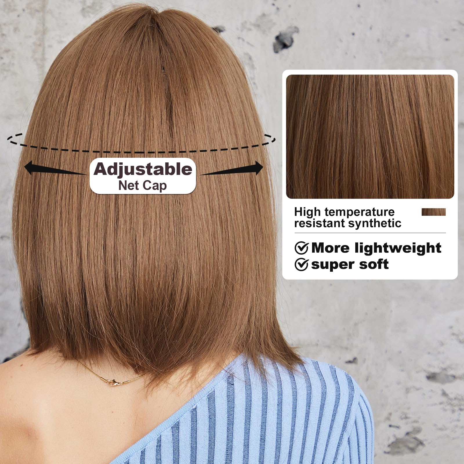 Emmor Brown Bob Wig With Bangs 15'' Short Bob Wigs For Women Heat Resistant Synthetic Wig Natural Looking For Daily Use(Honey Br