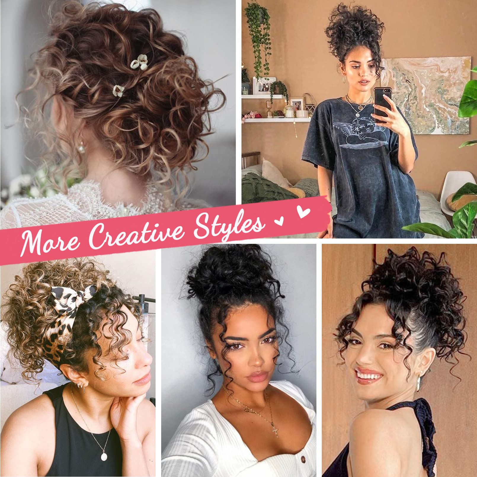 Hoojih Messy Hair Bun Hair Piece Elastic Drawstring Loose Wave Large Curly Bun Short Synthetic Ponytail Extension Hair Bun Exten