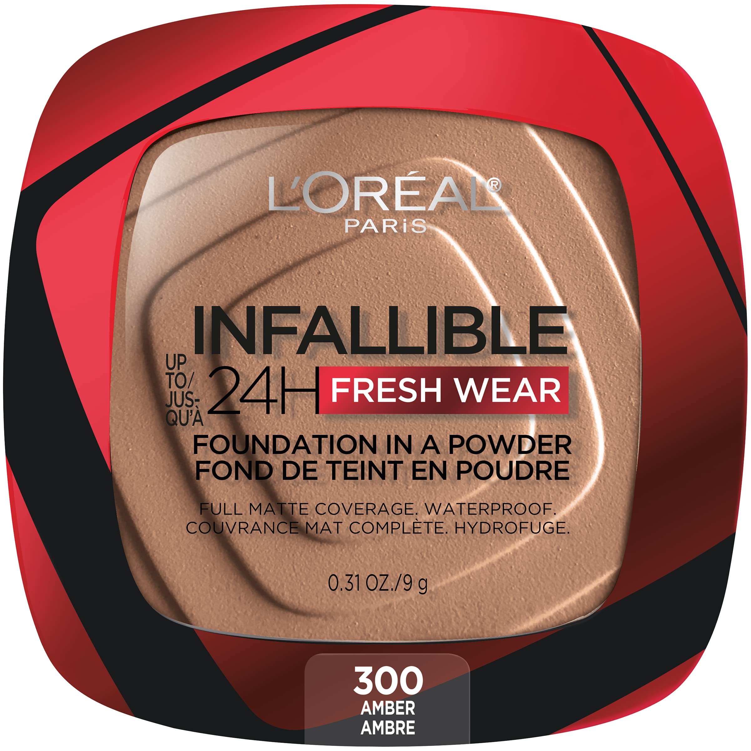 LOreal Paris Makeup Infallible Fresh Wear Foundation in a Powder, Up to 24H Wear, Waterproof, Amber, 0.31 oz.