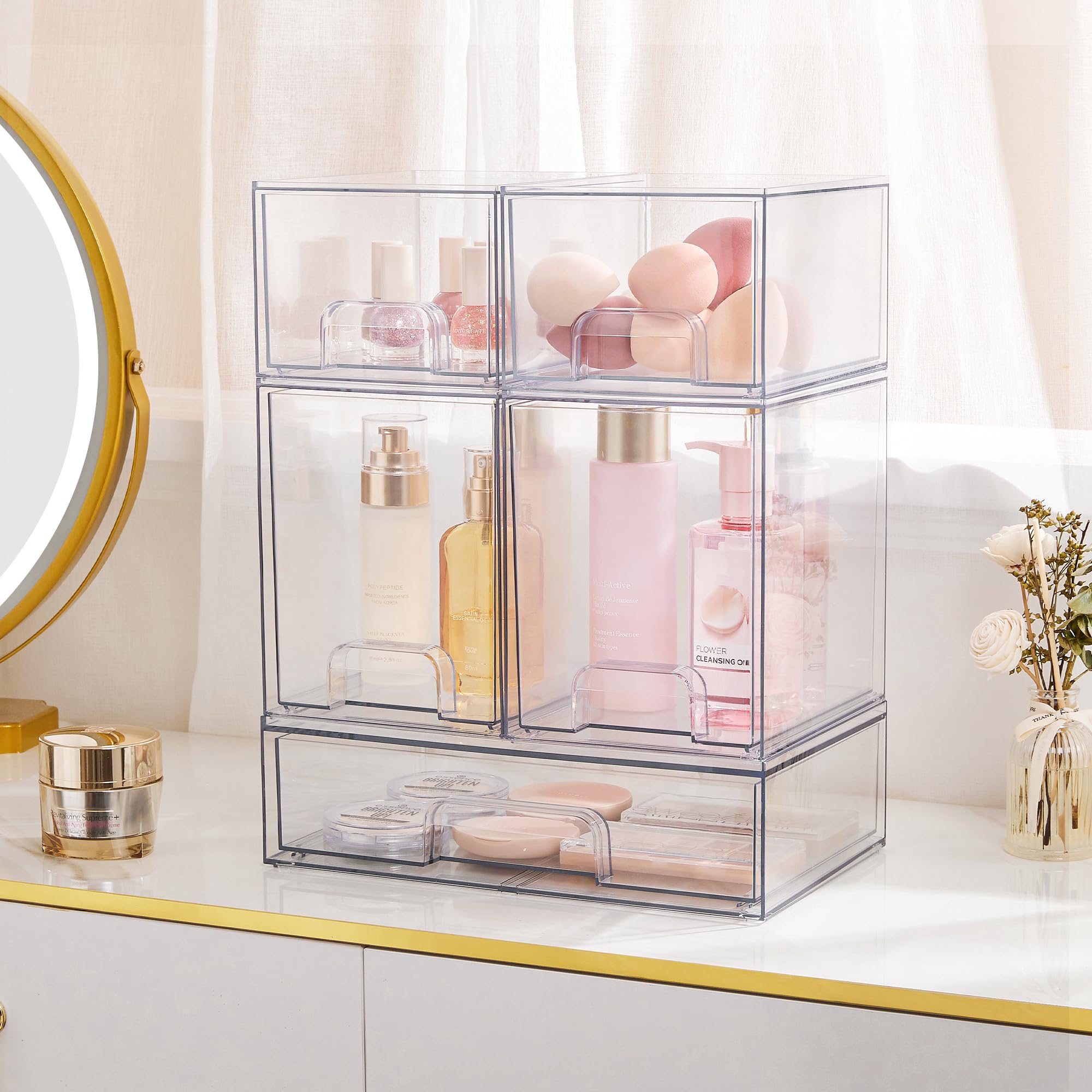 Vtopmart 6 Pack Clear Stackable Storage Drawers, 4.4'' Tall Acrylic Bathroom Makeup Organizer,Plastic Storage Bins For Vanity, U
