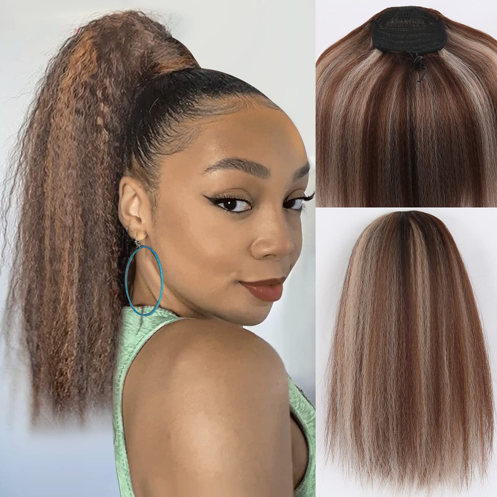 LEOSA Drawstring Ponytail Extension Kinky Straight Ponytail for Women Highlight Pony tails Hair Extensions Synthetic Short Ponyt