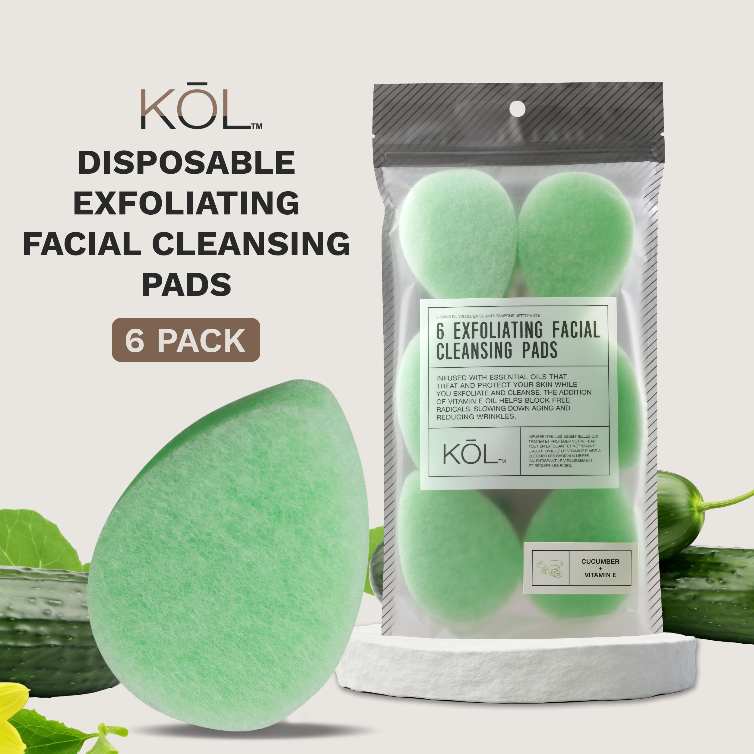 Kol Face Scrubber, Cucumber Infused Exfoliating Facial Cleansing Pads, Disposable Exfoliator Face Sponge For Daily Face Cleaning