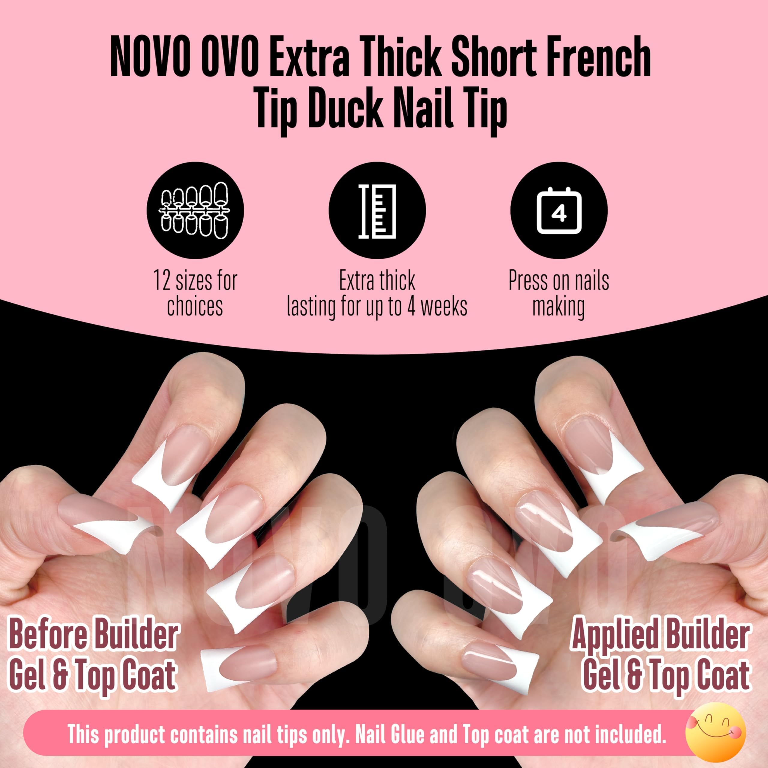 NOVO OVO Short Duck Nail Tips French Tip Press On BROWN PINK, Pre-designed Soft Gel Nail Extension, Need Buider Gel Top Coat, No