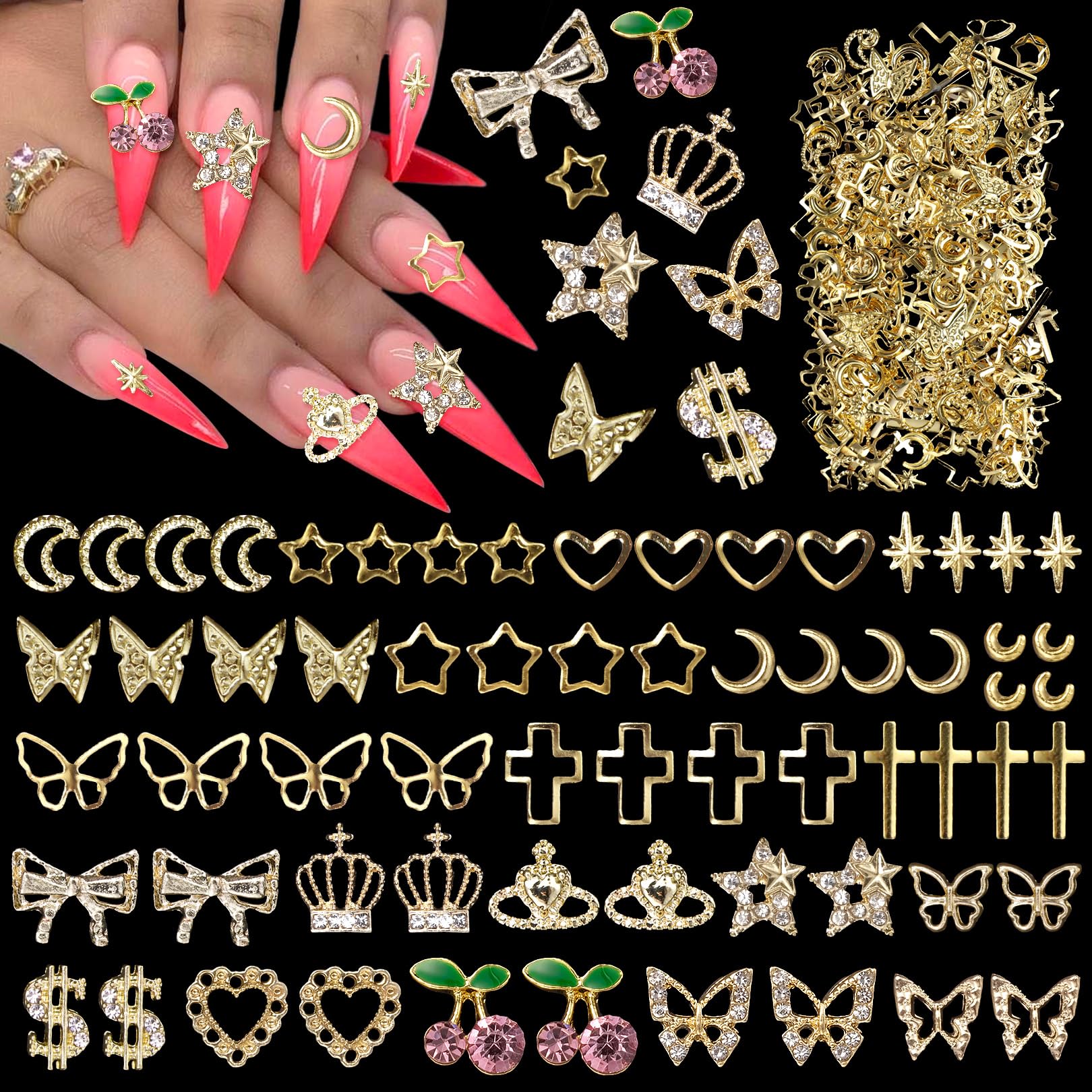 520 Pcs Gold Nail Charms, 20 Pcs Cherry Star Bow Crown Butterfly Gold Alloy Nail Charms, Mixed Cross Moon Star Rivet Gold Nail A