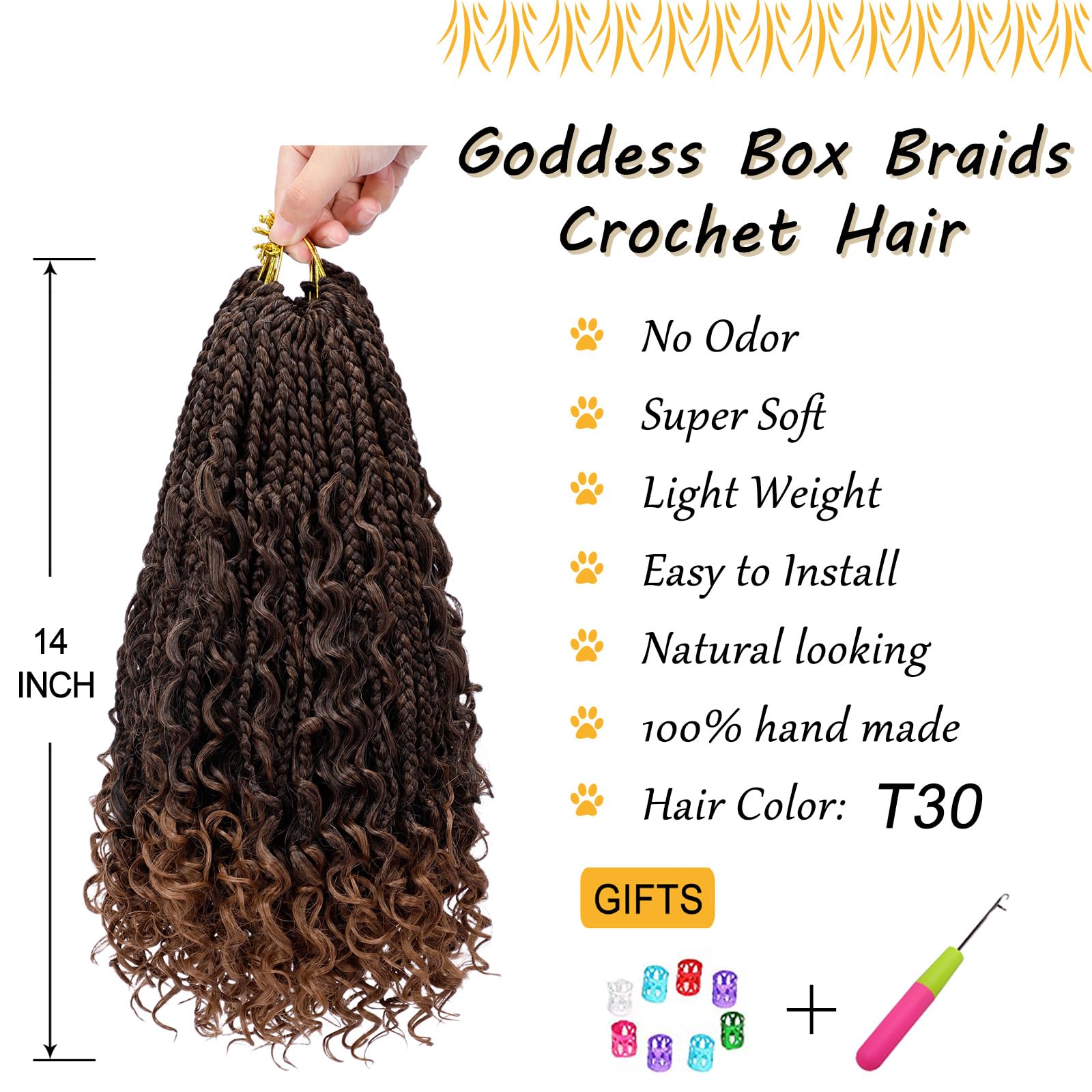 Goddess Box Braids Crochet Hair Pre-Looped Bohomian Crochet Box Braids Curly Ends 14 Inch 8 Packs 3X Crochet Braids For Women Sy