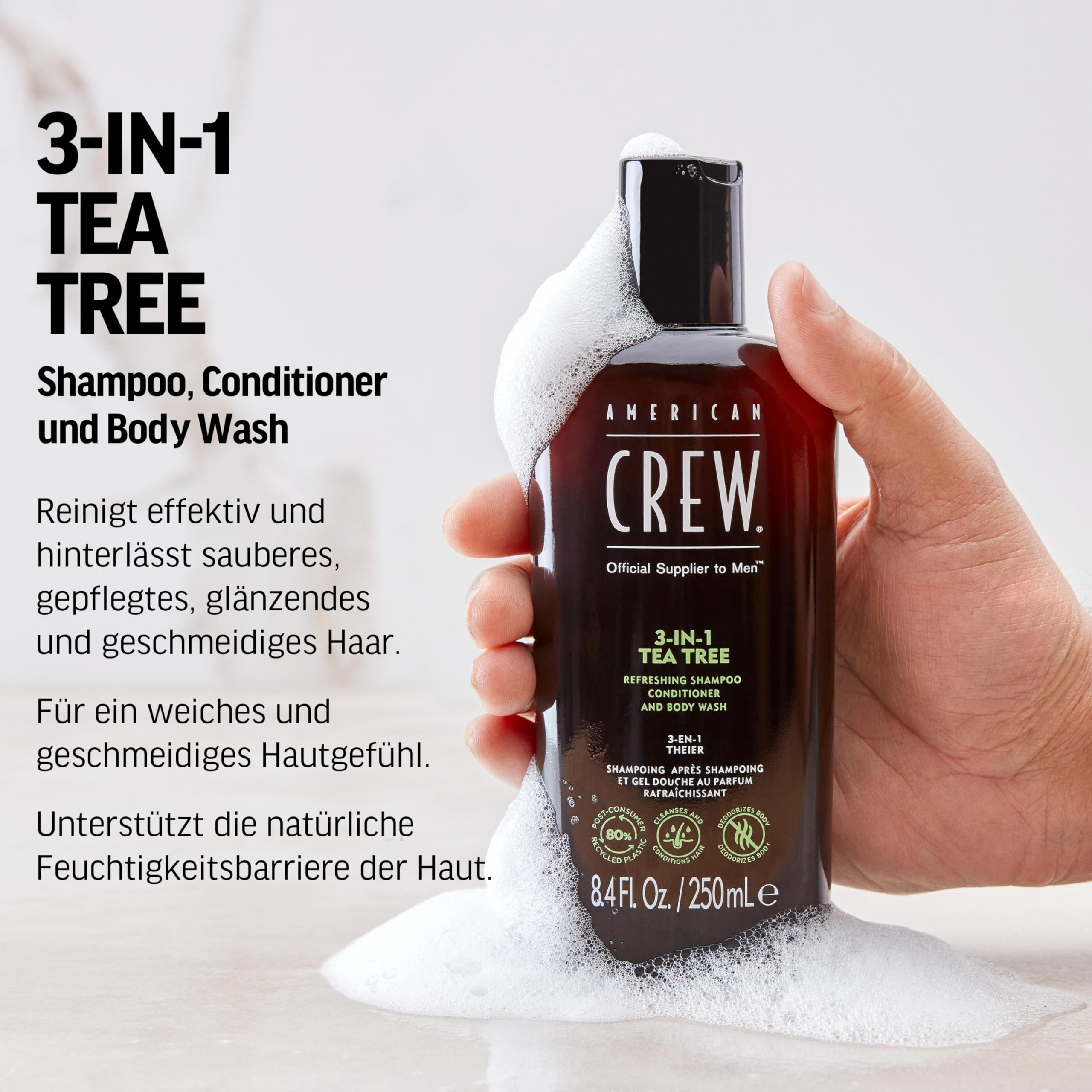 American Crew 3-in-1 Shampoo, Conditioner & Body Wash, Tea Tree Scent, 15.2 Fl Oz, Black