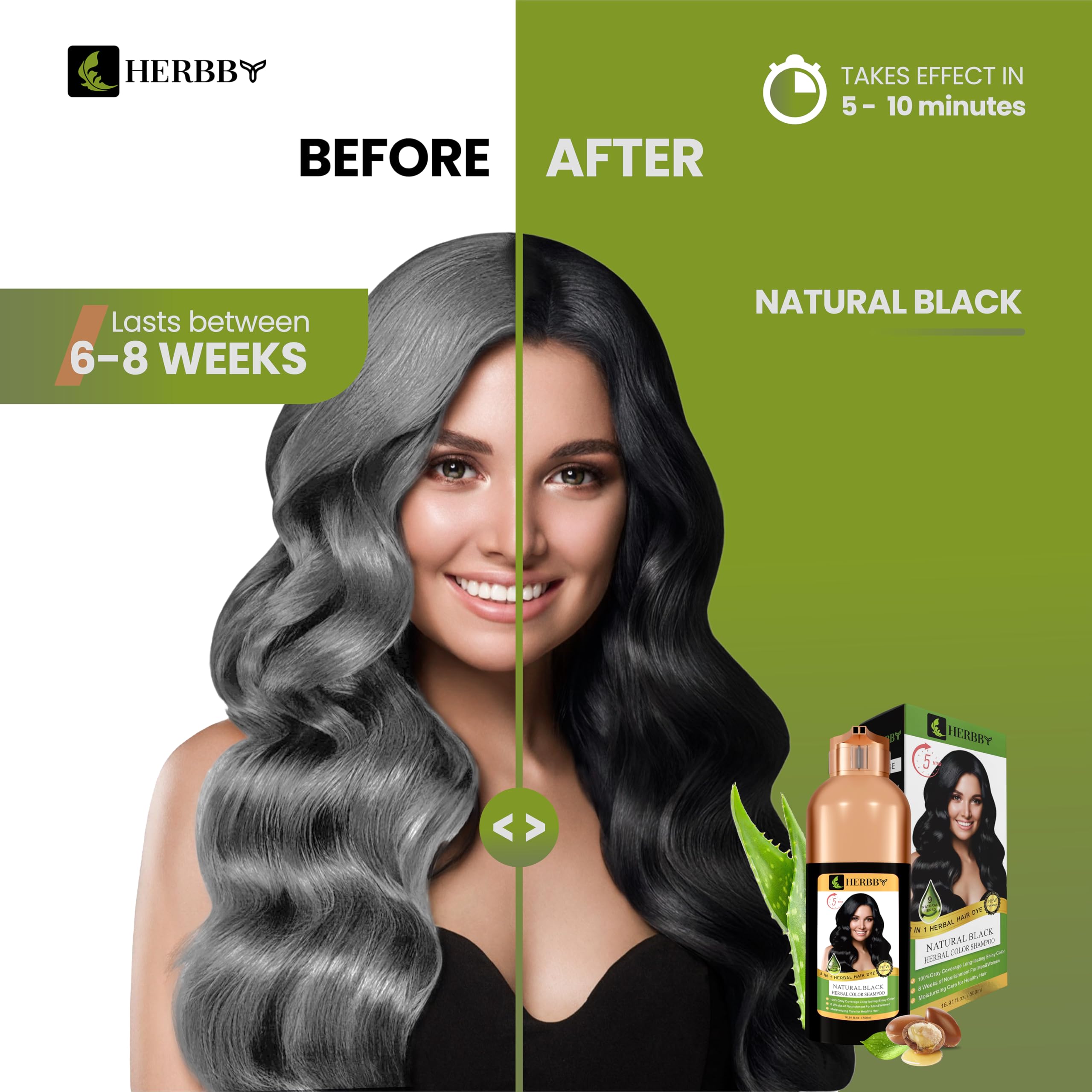 Herbby Hair Color Shampoo For Gray Hair Coverage&Color Transform With 9 Herbal Extracts -Long Lasting(6-8 Weeks),Shiny,Evenly Co