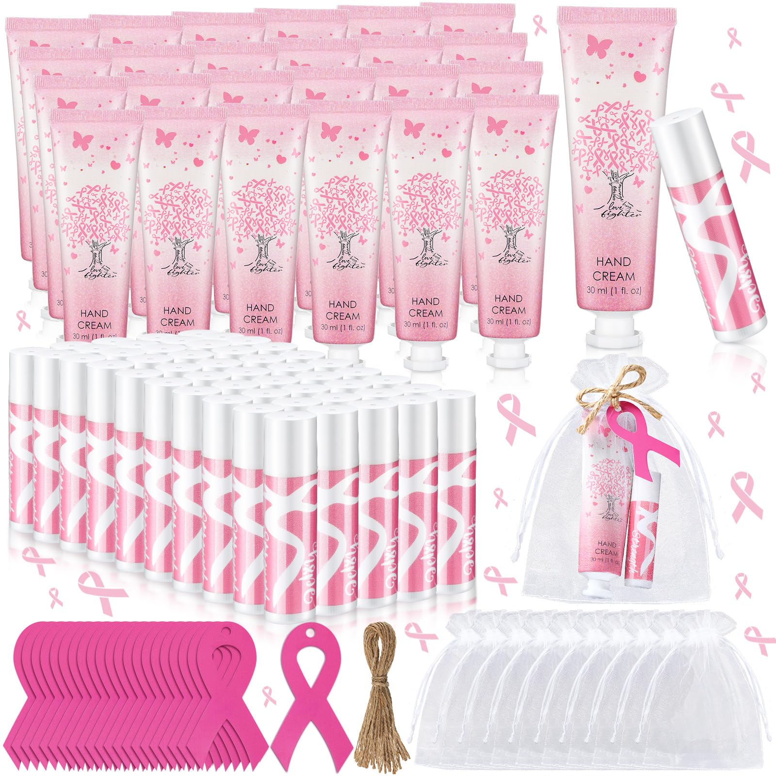 Dansib 24 Sets Breast Cancer Awareness Favors Breast Cancer Hand Cream and Lip Balm Gift for Women Pins Pink Ribbon Travel Size 