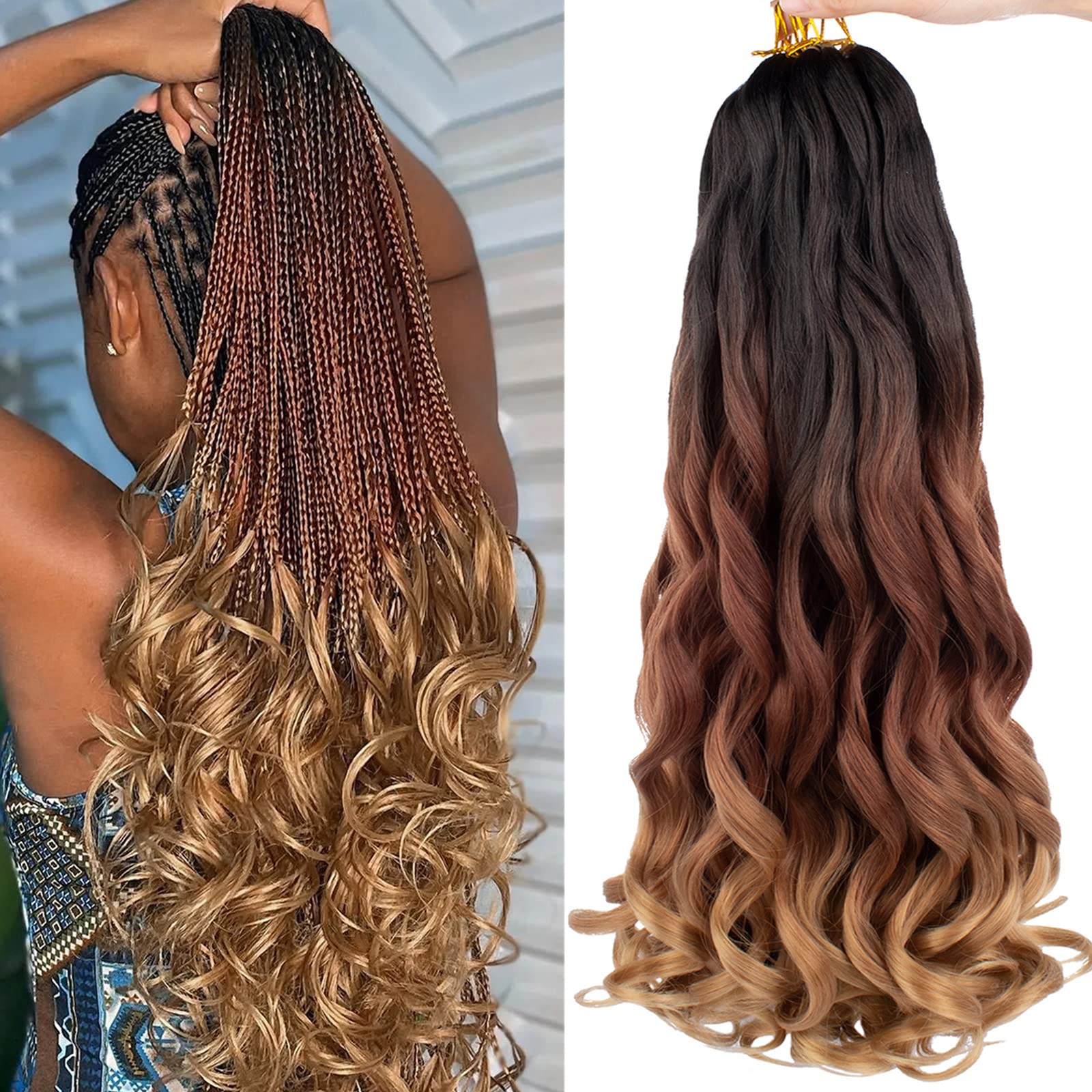 COOKOO 9 Packs 22 Inch French Curls Crochet Hair Pre-Stretched Loose Wave Braiding Hair Ombre 3 Tones Loose Curly Braids Precurl