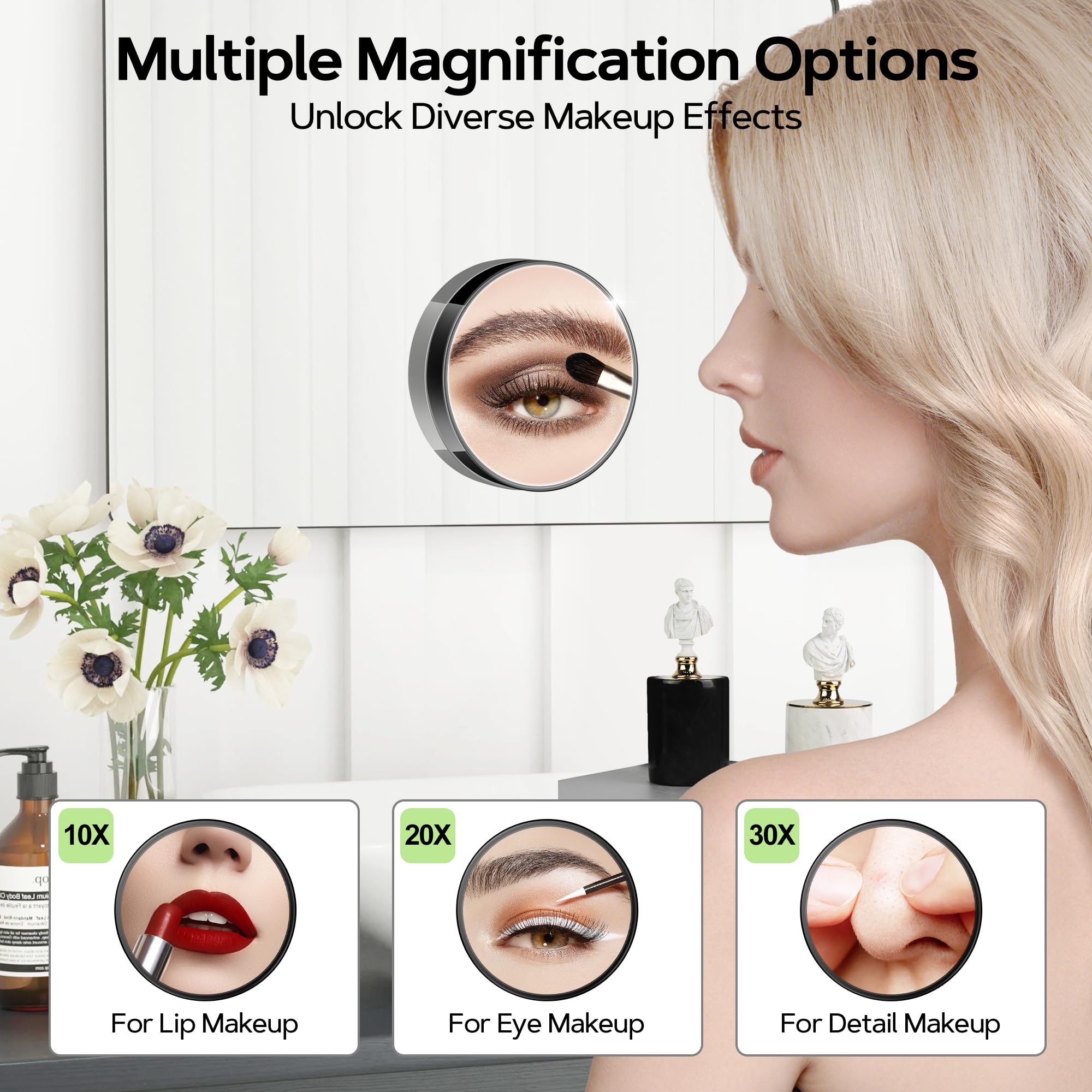 MIYADIVA Magnifying Mirror Set, 10x&20x&30x Suction Cup Makeup Mirror, 2 Tweezers & Storage Bag. 3.5in Compact Mirror for Travel