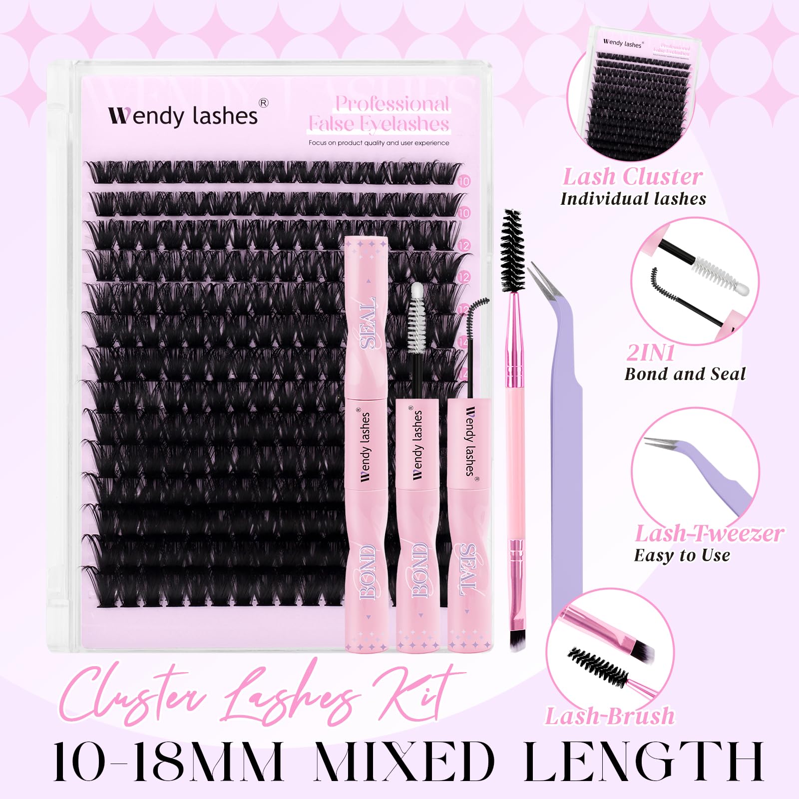 DIY Lash Extension Kit 100D Wispy Lashes 280PCS D Curl 10-18mm Individual Cluster Lashes Kit Includes Lash Bond and Seal,lash Tw
