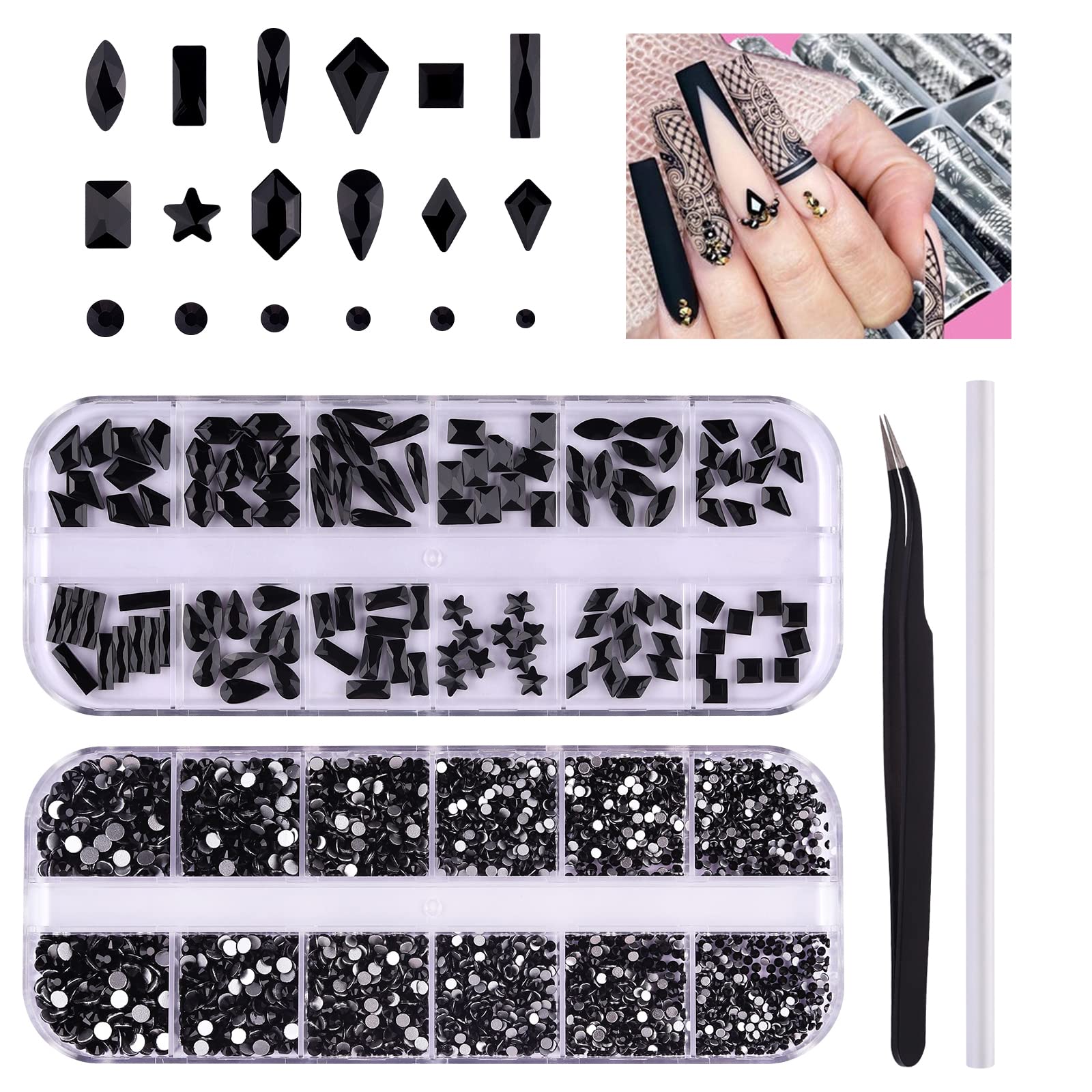 3120Pcs Black Nail Charms EBANKU 3D Black Nail Rhinestones Crystal Jewels Diamond Gems for Nail Decorations with Wax Pen Tweezer
