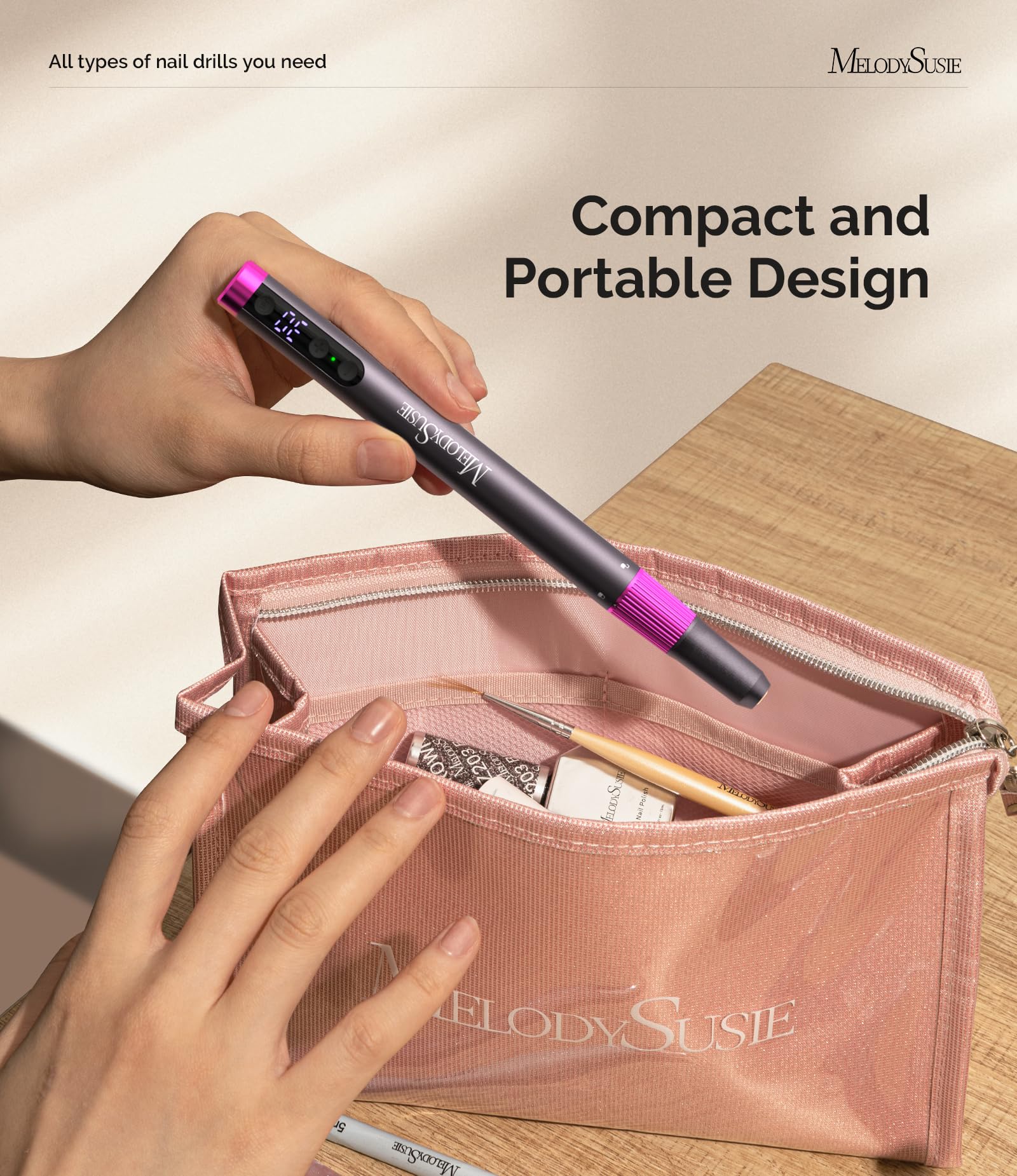 MelodySusie Pen-Shaped Ultra-Slim Cordless Nail Drill,PM180G 30000RPM Portable Rechargeable Electric File with Rotary Lock Desig