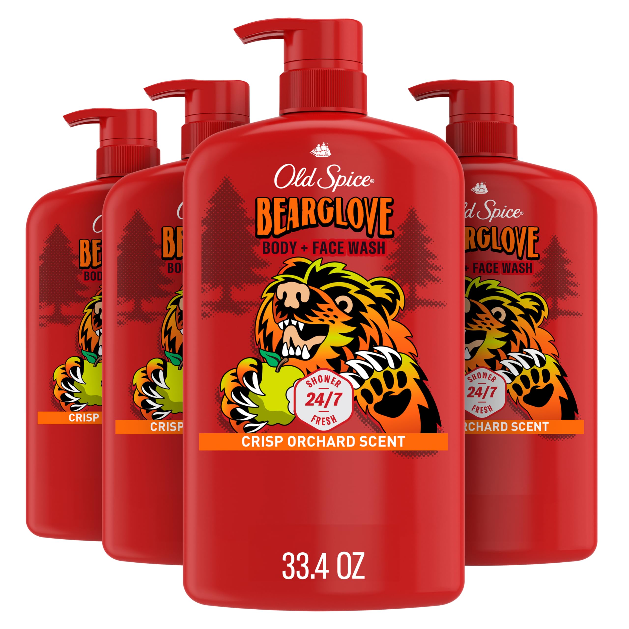 Old Spice Body Wash For Men, 3X Defense, 24/7 Shower Fresh With Long Lasting Lather, Bearglove Scent, 33.4 Fl Oz (Pack Of 4)