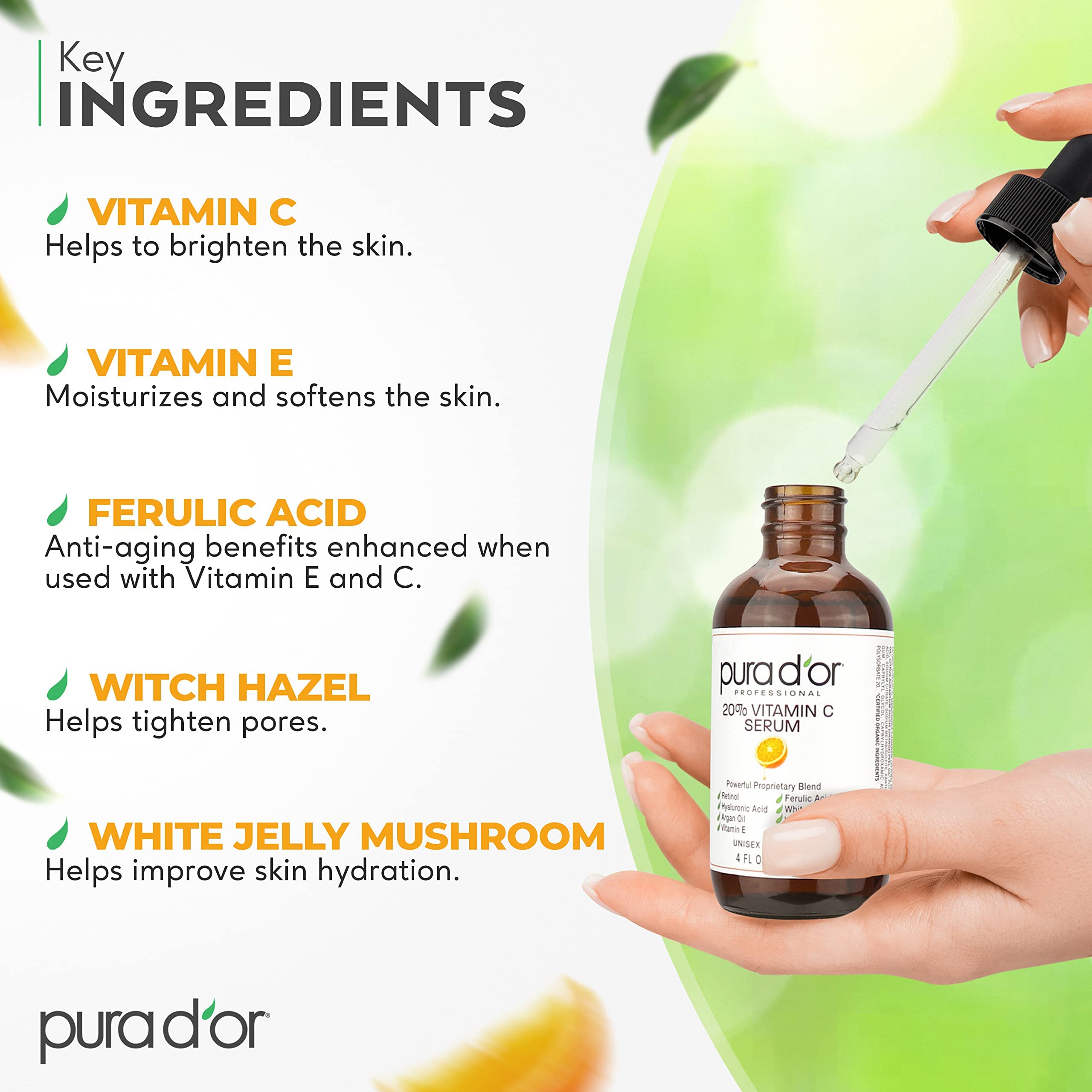PURA D'OR 20% Vitamin C Serum (4oz BEST VALUE) Lightweight Maximum Strength Formula,Hyaluronic Acid,Retinol,Professional Grade T