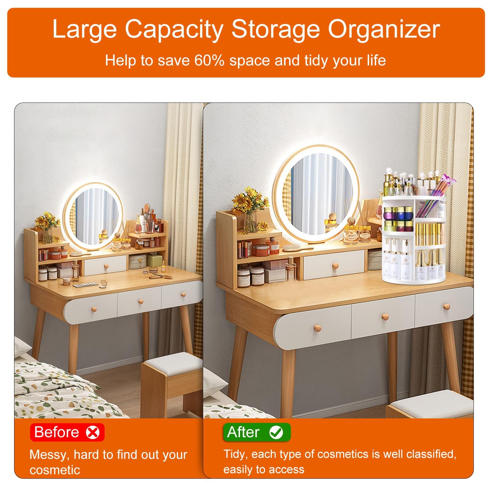 Makeup Organizer, 360 Rotating Cosmetic Organizer,DIY Adjustable Makeup Carousel Spinning Holder Rack, Large Capacity Cosmetic S