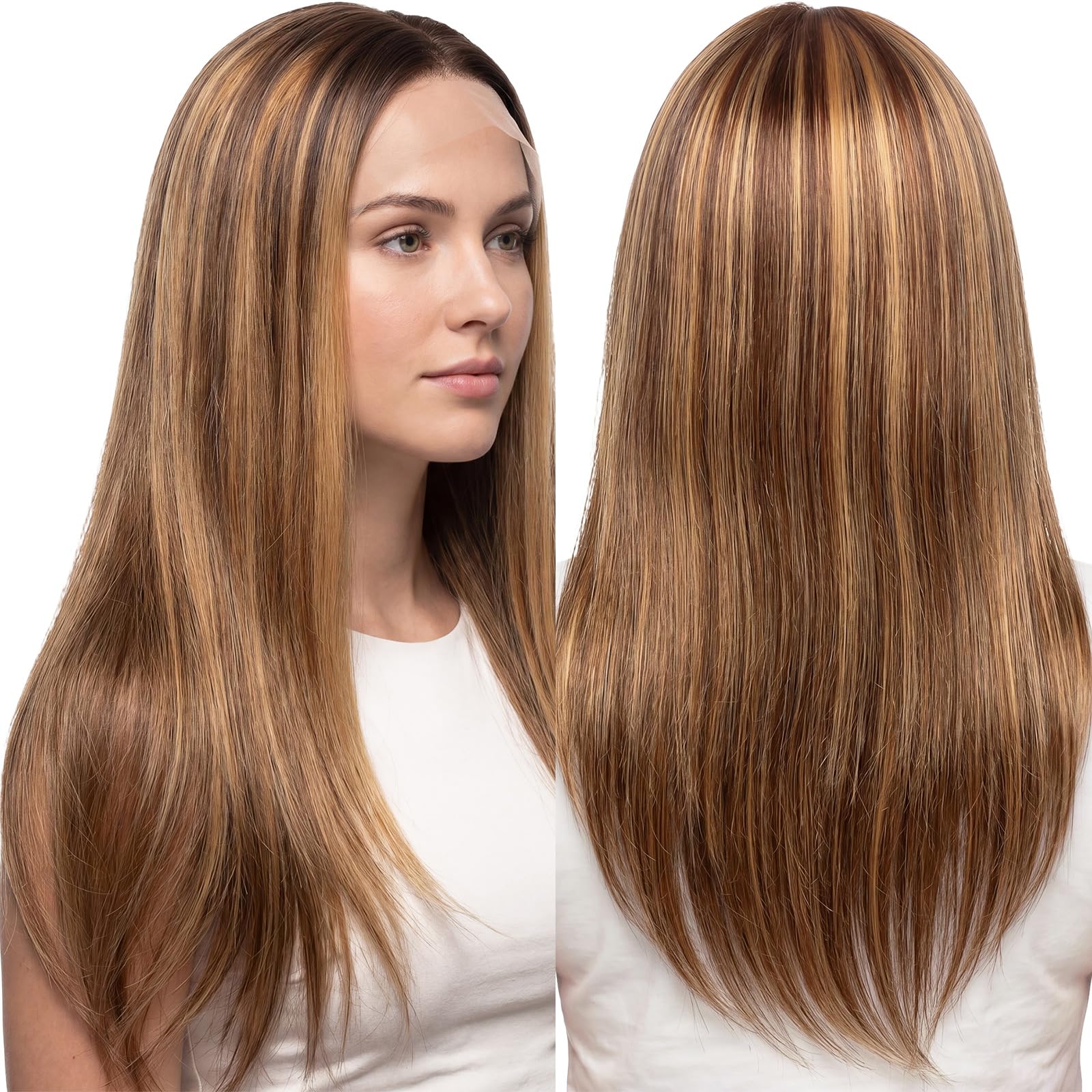 Hotop 30 Inch 4/27 Lace Front Wig Synthetic Honey Blonde Wig Highlight Glueless Wigs Long Layered Straight Hair Ready To Wear fo