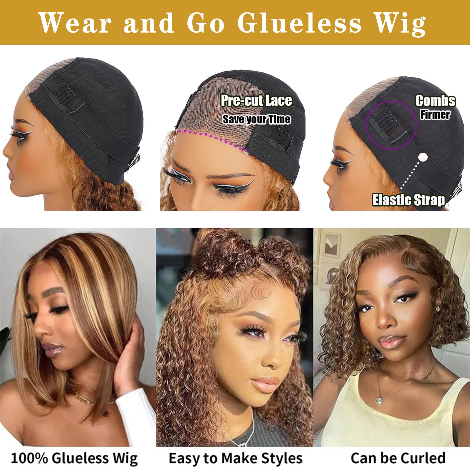 Wear And Go Glueless Bob Wig Human Hair Pre Cut 4/27 Ombre Highlight Bob Wig Human Hair Glueless 4X4 Hd Lace Closure Glueless Wi