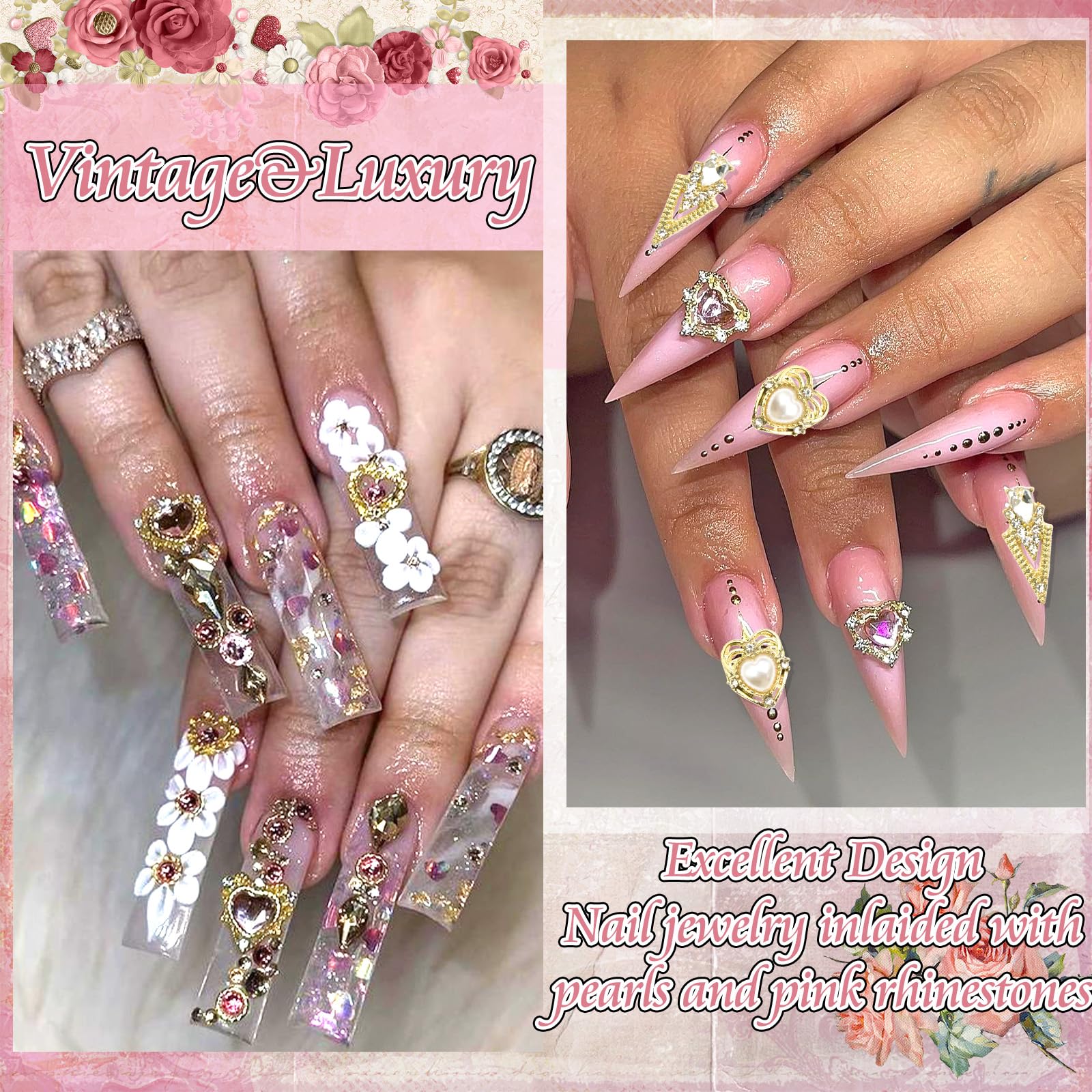RODAKY 122PCS Gold Nail Charms - Pink Rhinestone Heart Charms, 3D Metal Butterfly Roses Cross Nail Gems for Manicure Design