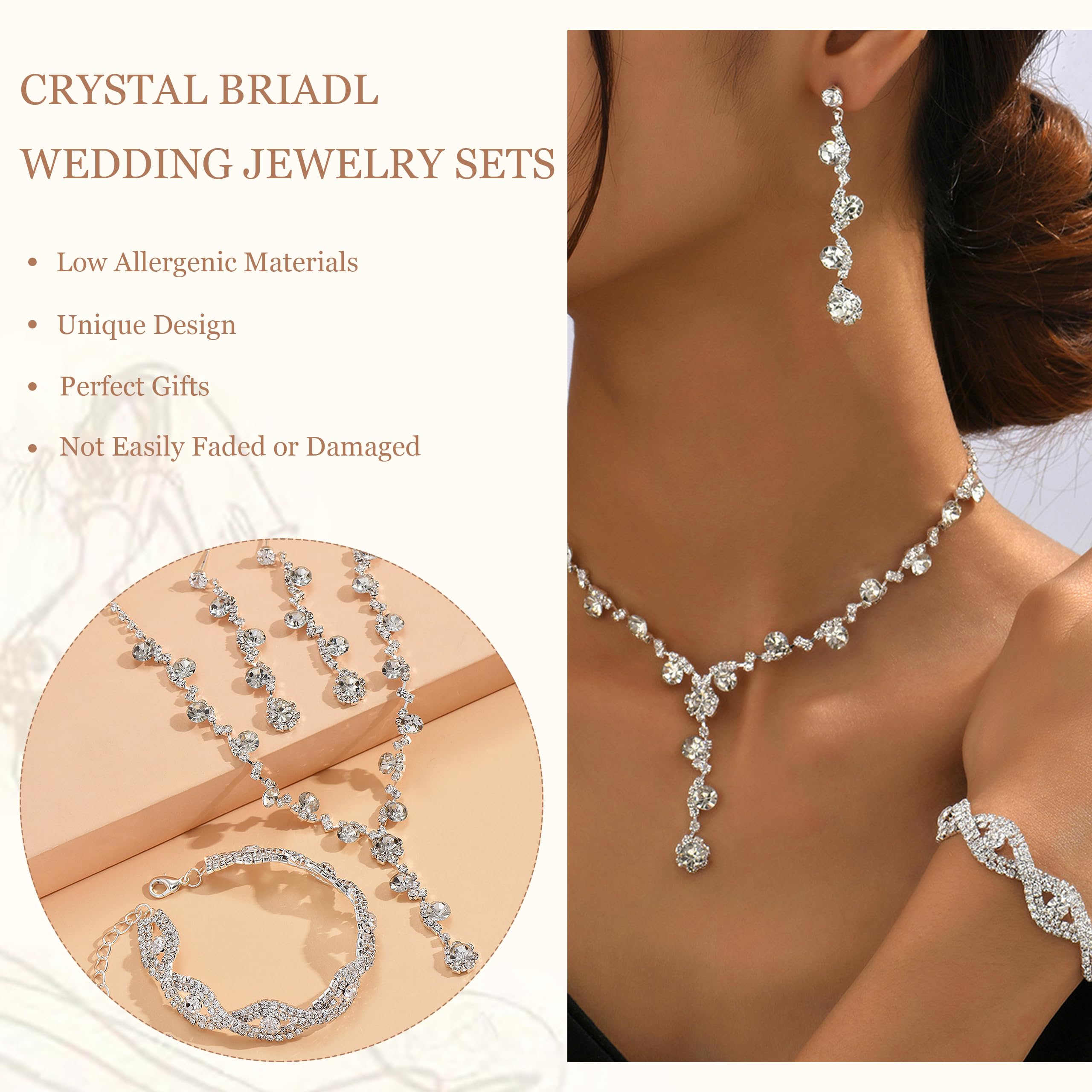 HUASAI Silver Wedding Jewelry Sets for Brides Rhinestone Necklace Earrings Bracelet Set Bridal Costume Jewelry for Women Formal