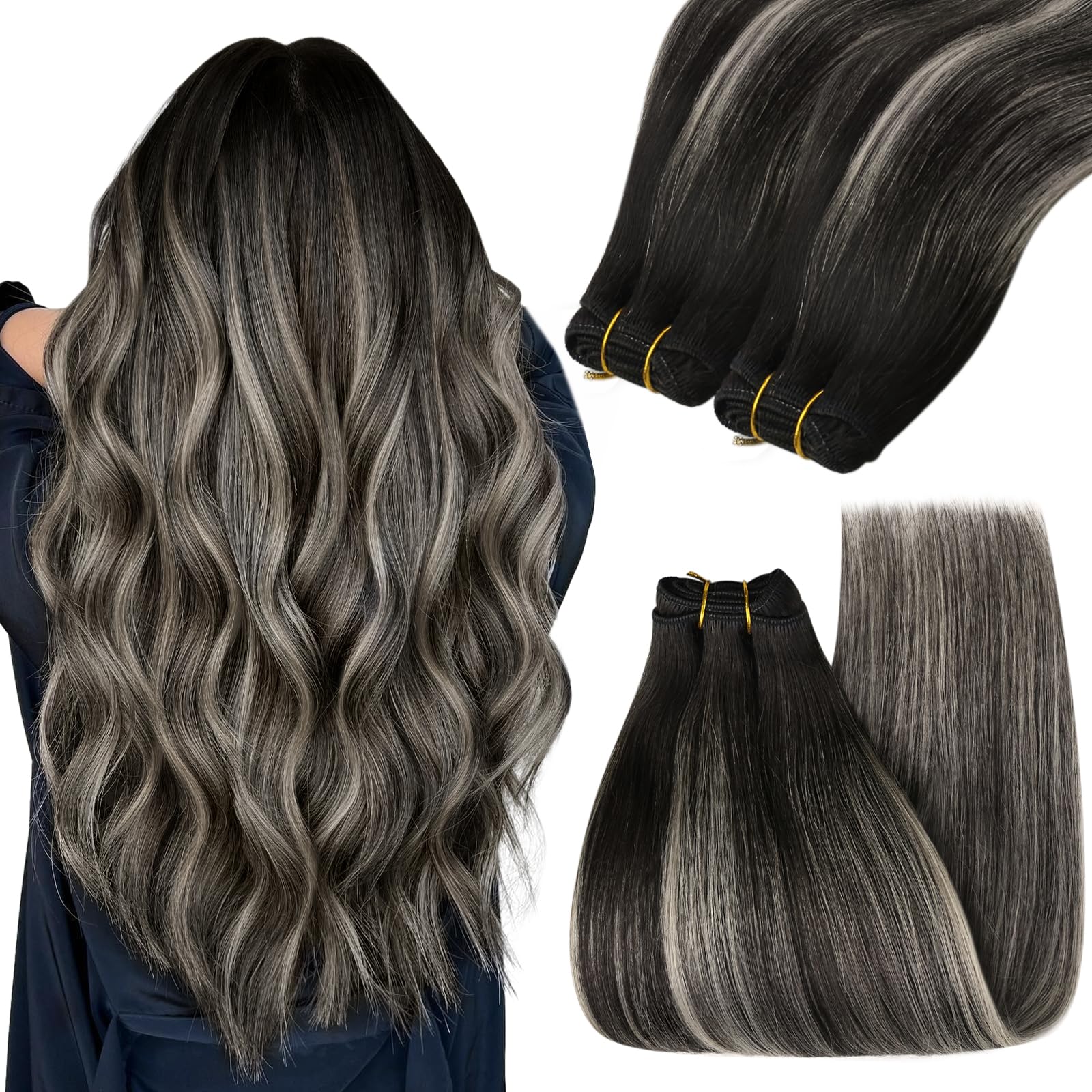 YoungSee 130G Weft Hair Extensions Ombre Black Sew in Hair Extensions Blend of Black and Silver with Black Roots Sew in Hair Ext