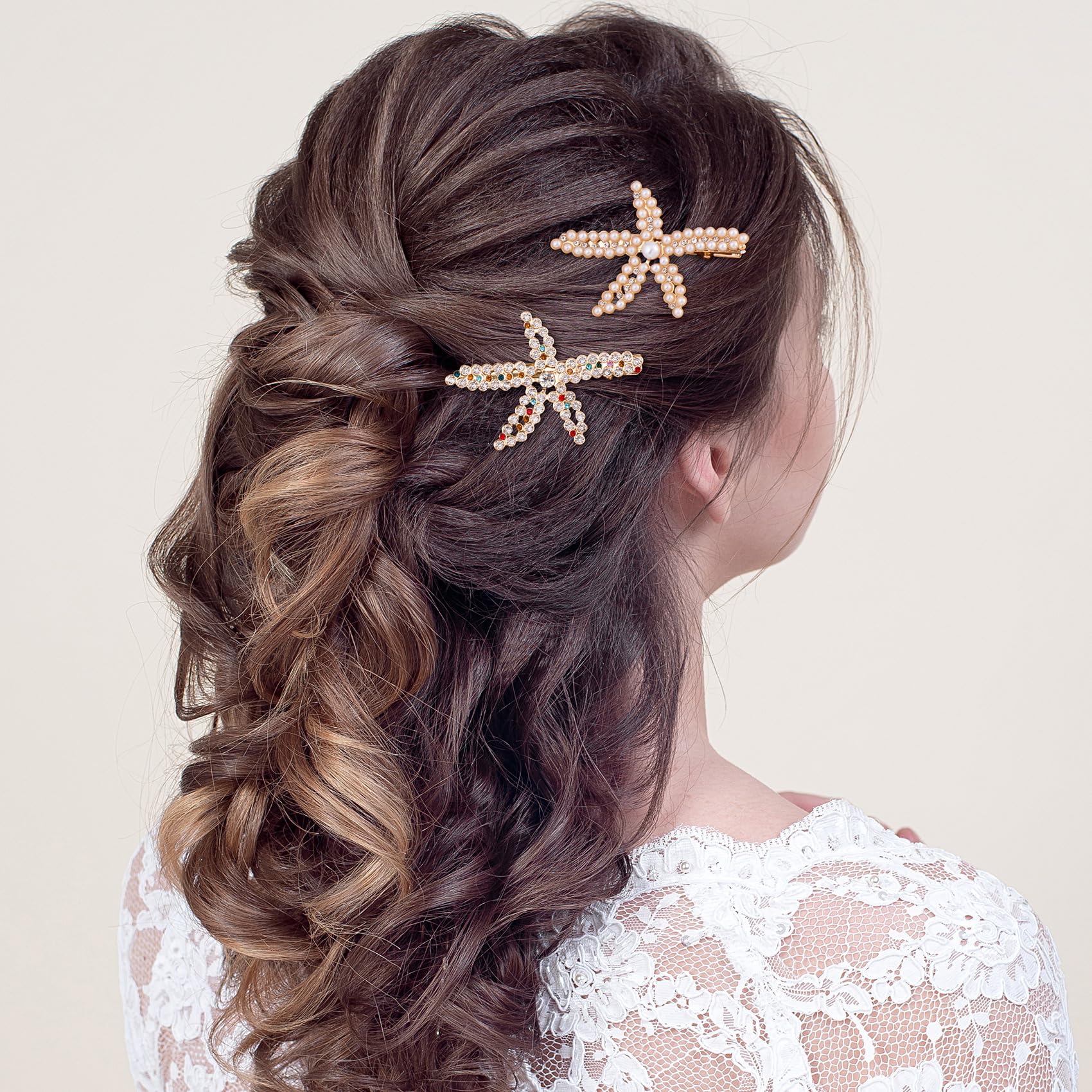 PAGOW 3 PCS Starfish Hair Clips, Gold Pearls Colorful Rhinestone Hair Clips, Crystal Sea Star Ponytail Holder, Faux Pearl Crysta