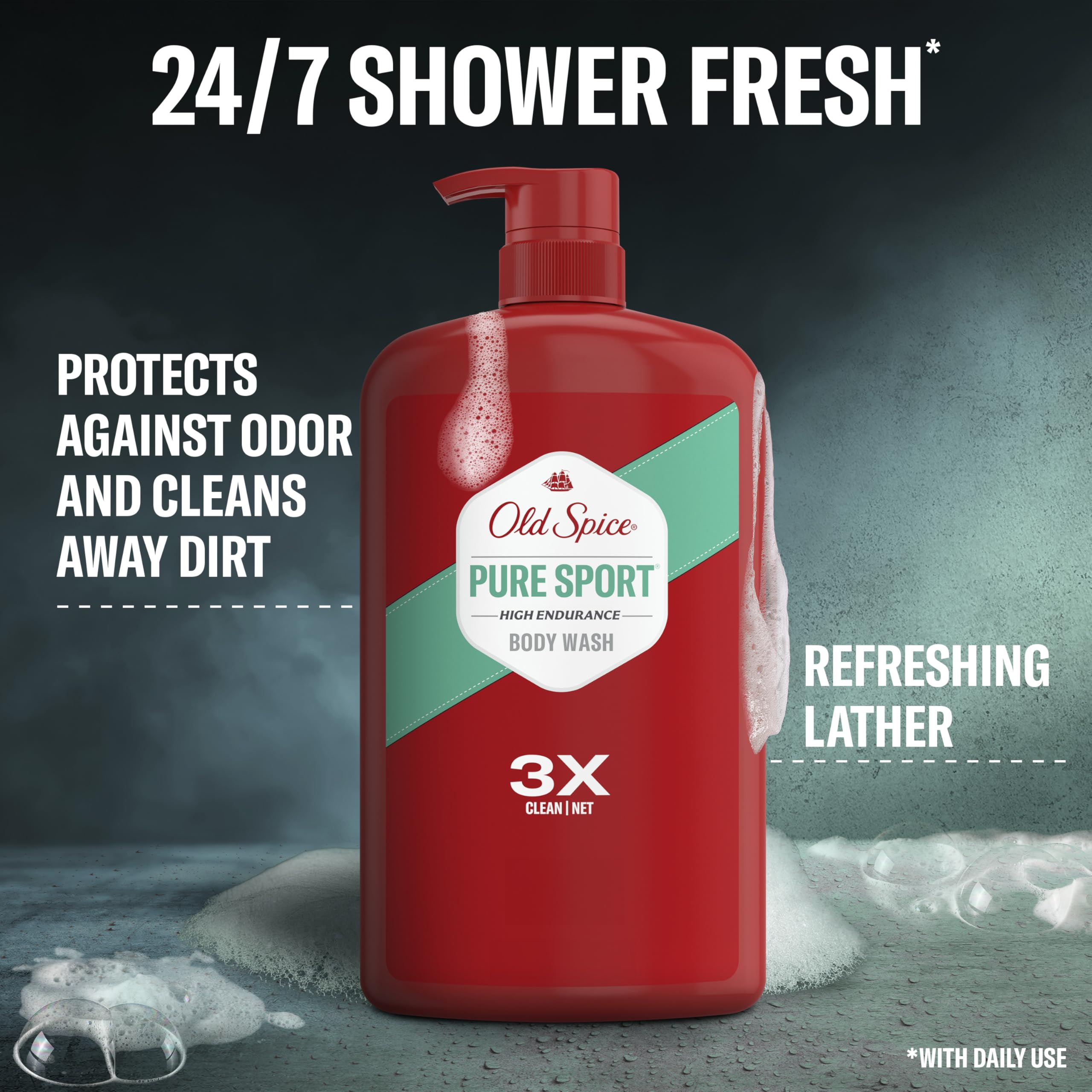 Old Spice Refreshing Body Wash for Men, High Endurance, 3X Defense, 24/7 Shower Fresh with Long Lasting Scent, Pure Sport Scent,