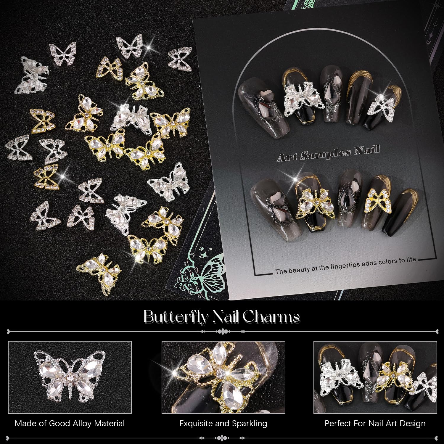 40Pcs 3D Butterfly Nail Charms, Gold + Silver Multi Shapes Shiny Luxury Gems, Crystal Diamond Jewels Studs With Rhinestones For