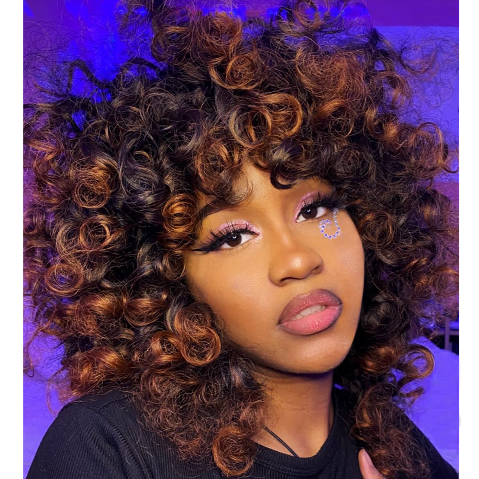 andromeda Curly Wigs for Black Women Brown Short Curly Wig with Bangs Soft Afro Kinky Curly Synthetic Wig for African American W