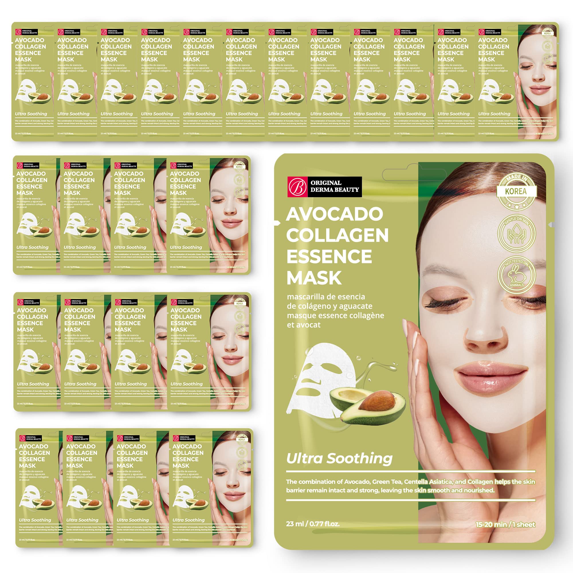 Innerest Original Derma Beauty Collagen Face Masks 24 Pk Ultra Soothing Avocado Face Mask Skin Care Sheet Masks Set For Beauty &