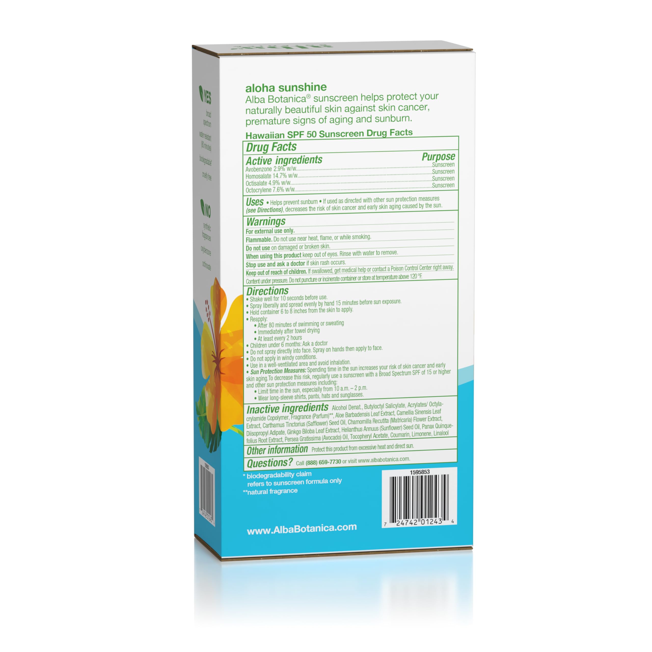 Alba Botanica Hawaiian Coconut Sunscreen, Spray Broad Spectrum Spf 50 Sunscreen, Water Resistant And Biodegradable 8 Fl Oz Bottl