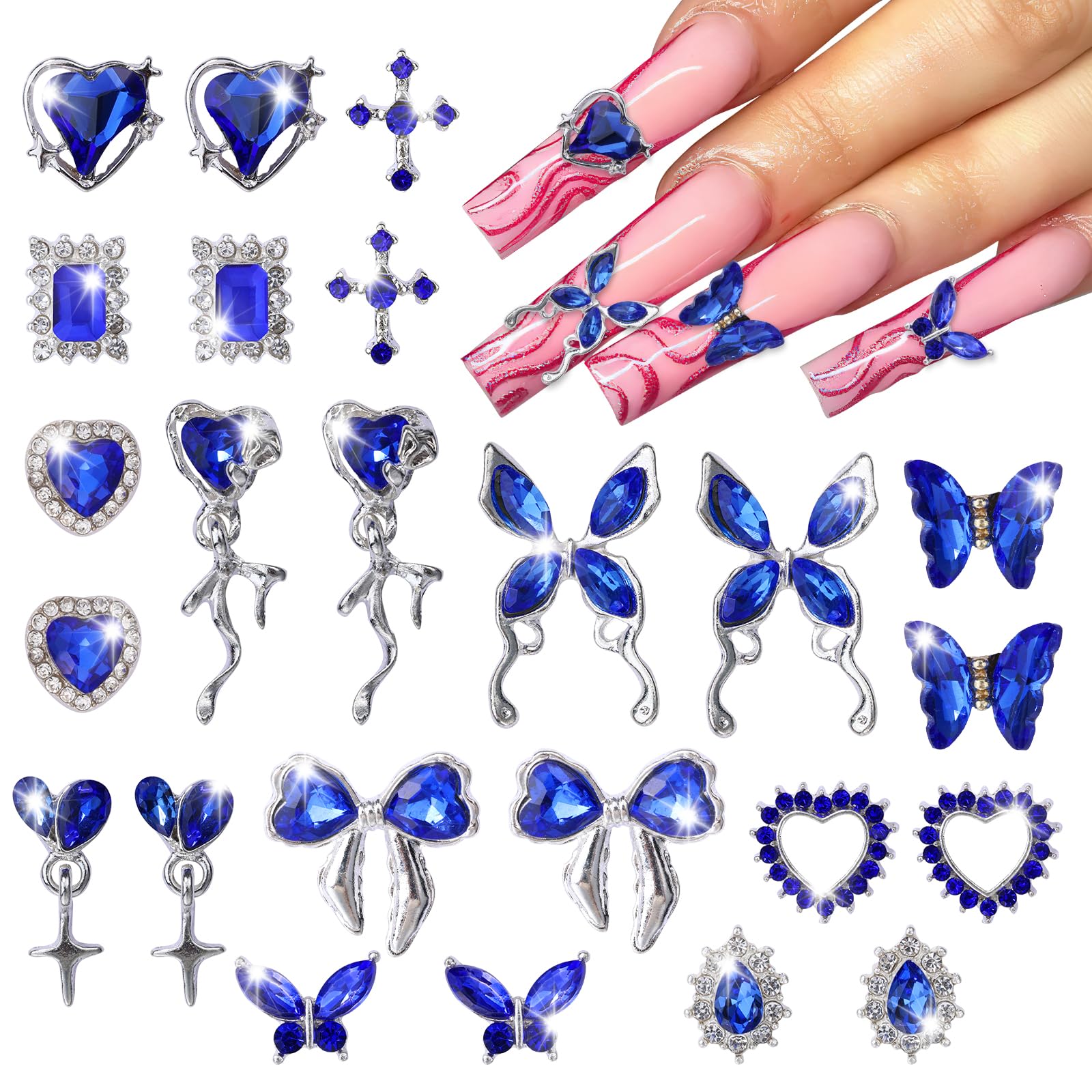 editTime 24pcs Silver Metal Alloy 3D Luxury Nail Rhinestones Kit Punk Y2K Star Moon Heart Love Butterfly Cross Crown Rhomboid Rh