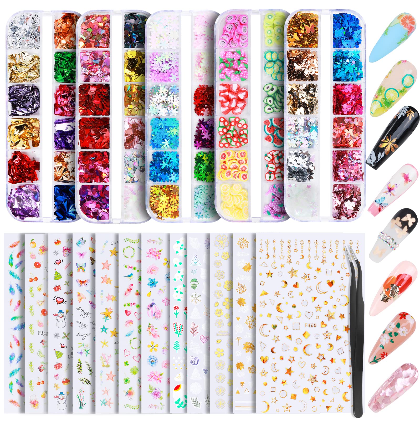 Teenitor Nail Stickers, 12 Sheets Nail Art Stickers 3D Self-Adhesive and 5 Boxes Butterfly Nail Sequins Heart Glitter Foil Flake
