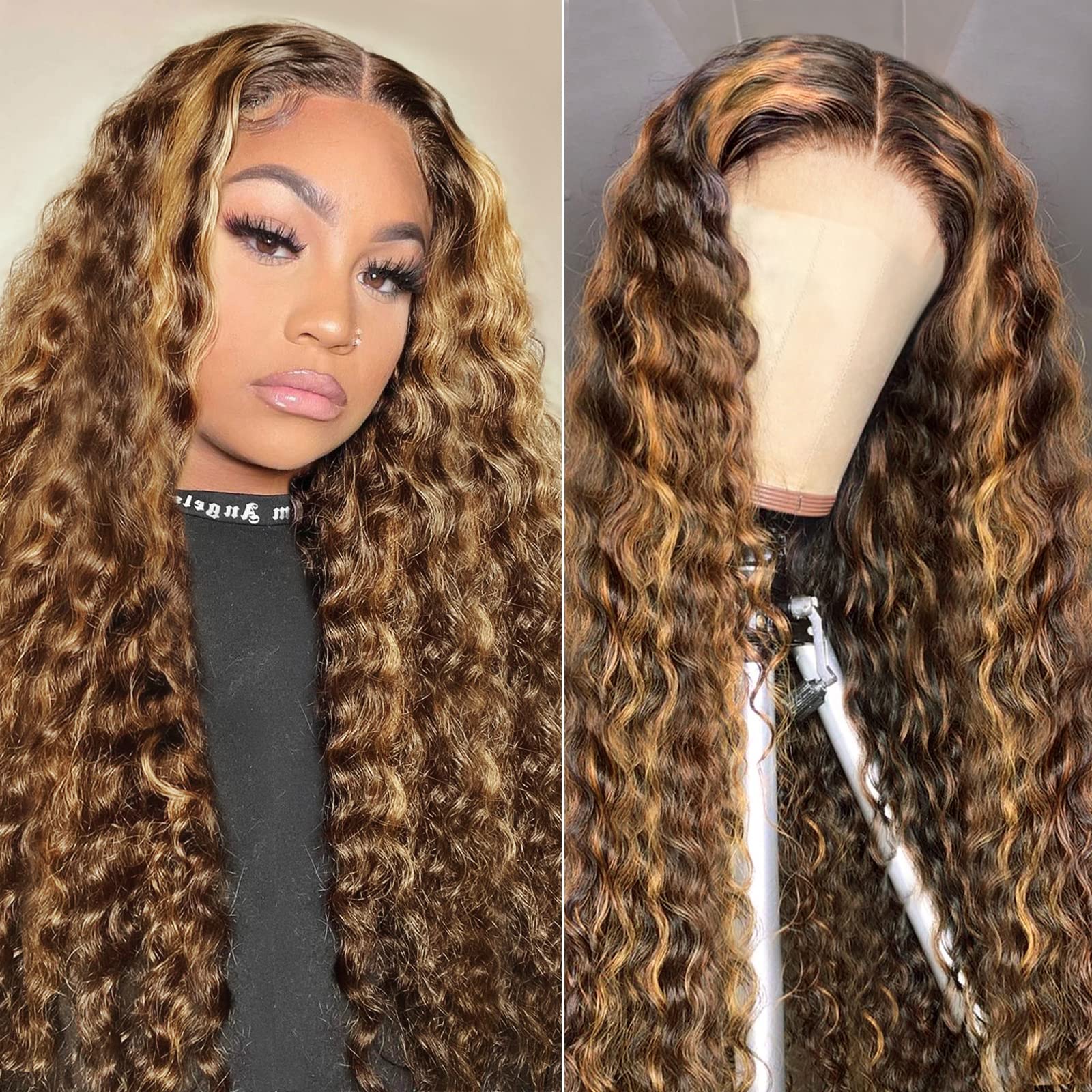 Highlight Lace Front Wigs Human Hair Deep Wave for Black Women 180% Density #4/27 Ombre Honey Blonde Colored Glueless Pre Plucke