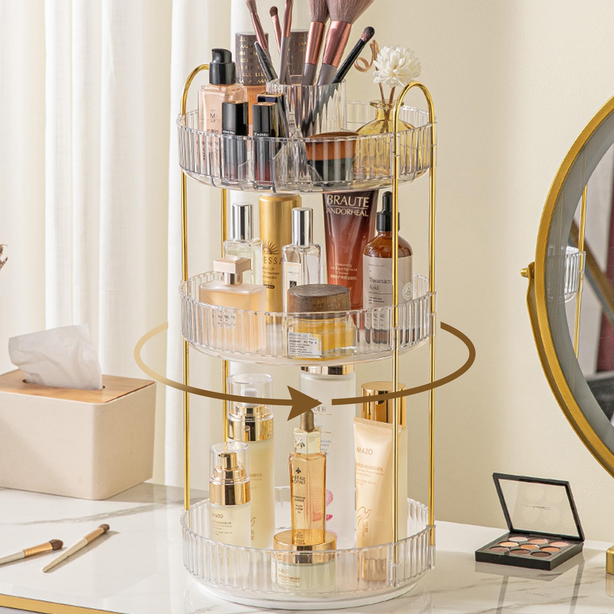 Aveniee 360 Rotating Makeup Organizer, Perfume Skincare Bathroom Countertop Vanity Organizers, Clear 3 Tier Spinning Skincare St