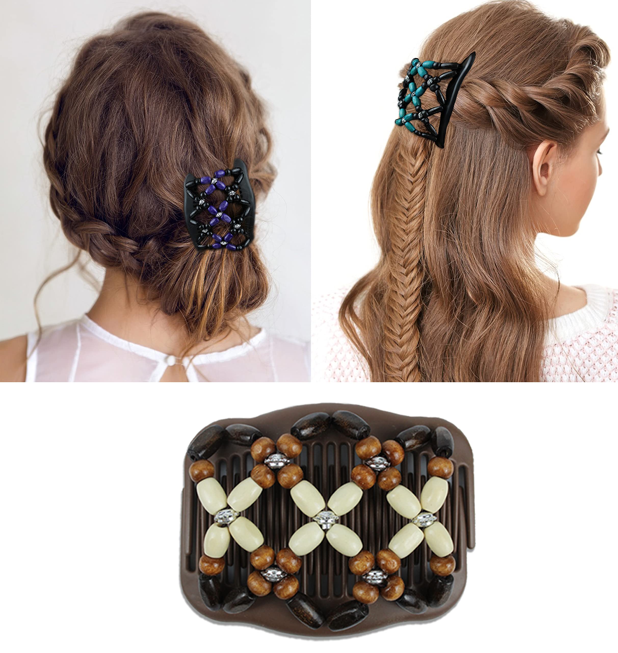 3 Pieces Stretchy Double Comb Hair Clip Magic Hair Side Combs for Women Elastic Wood Beaded Hair Bun Maker Hair Accessories for