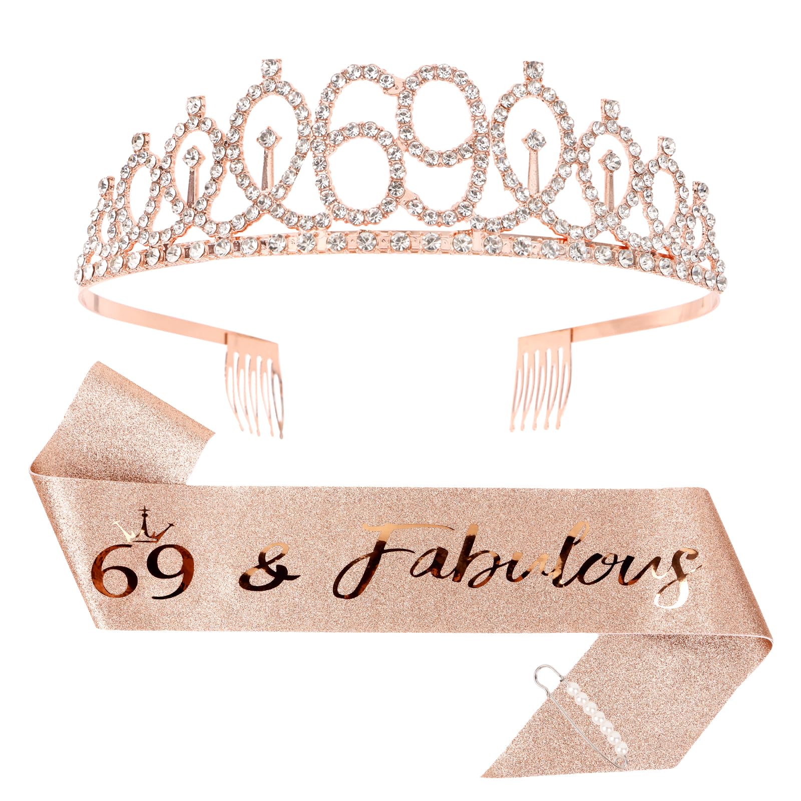 CIEHER 69th Birthday Crown + 69th Birthday Sash + Pearl Pin Set, 69 & Fabulous Birthday Sash, 69 Birthday Tiara, 69th Birthday D