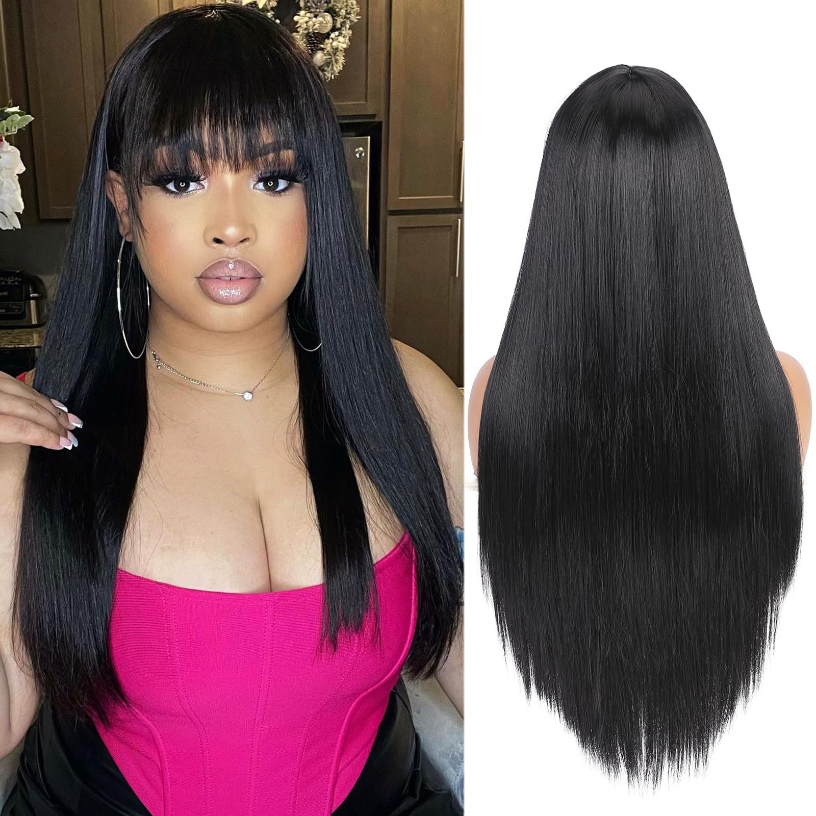 WIGER Long Black Wigs with Bangs Straight Black Hair Dye Wig for Women Long Bangs wig Full Black Cosplay Wig for Girls Synthetic