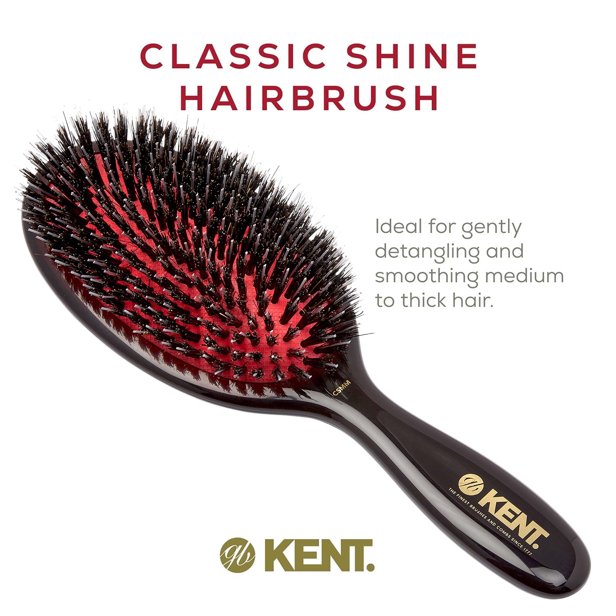 Kent CSMM Classic Shine Medium Oval Cushion Straightening Brush - Natural Black Boar Bristle Hair Brush with Nylon Quills - Shin