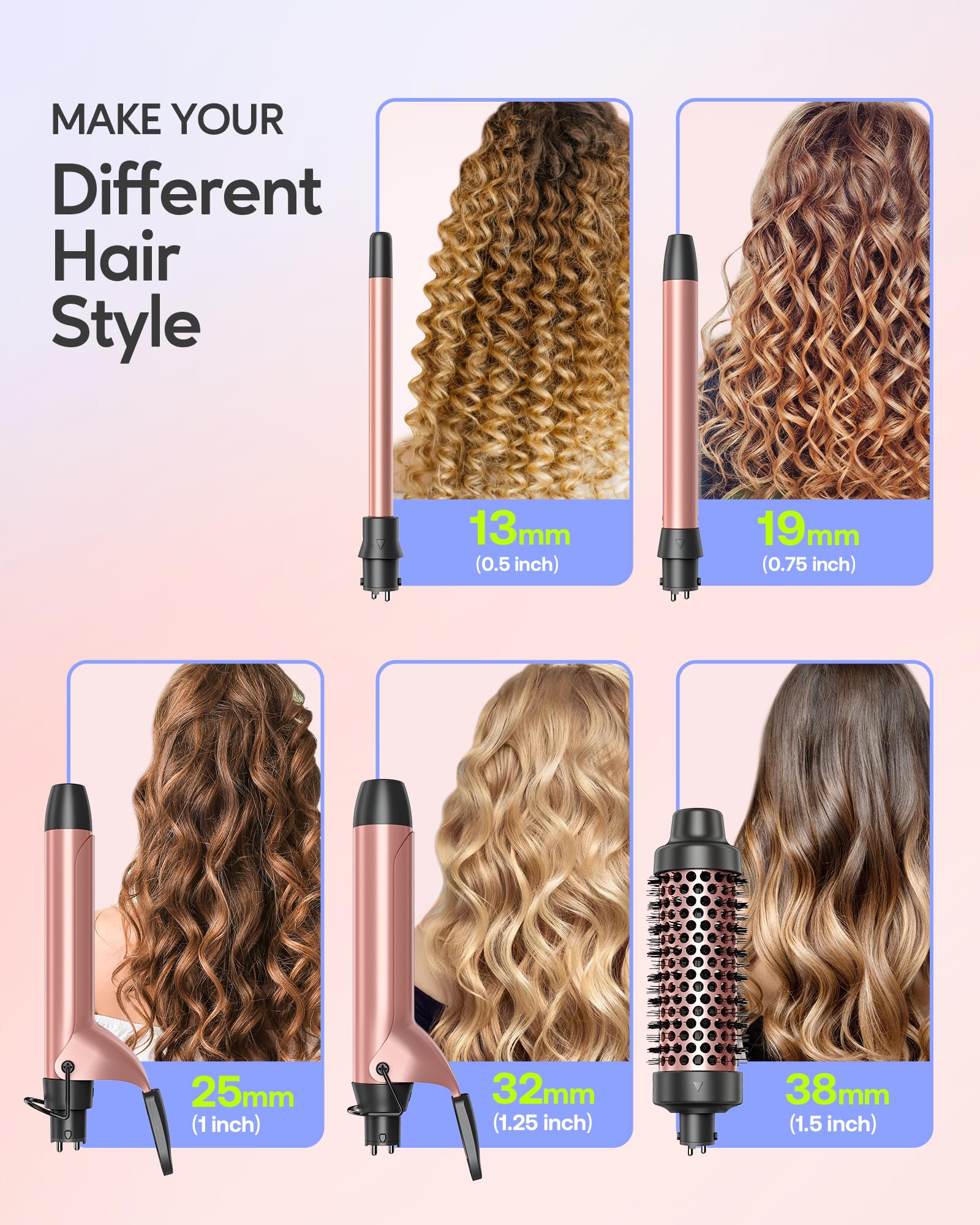 Wavytalk 5 In 1 Curling Iron,Curling Iron Set With Heated Round Brush And 4 Interchangeable Ceramic Curling Wand(0.5   -1.25''),