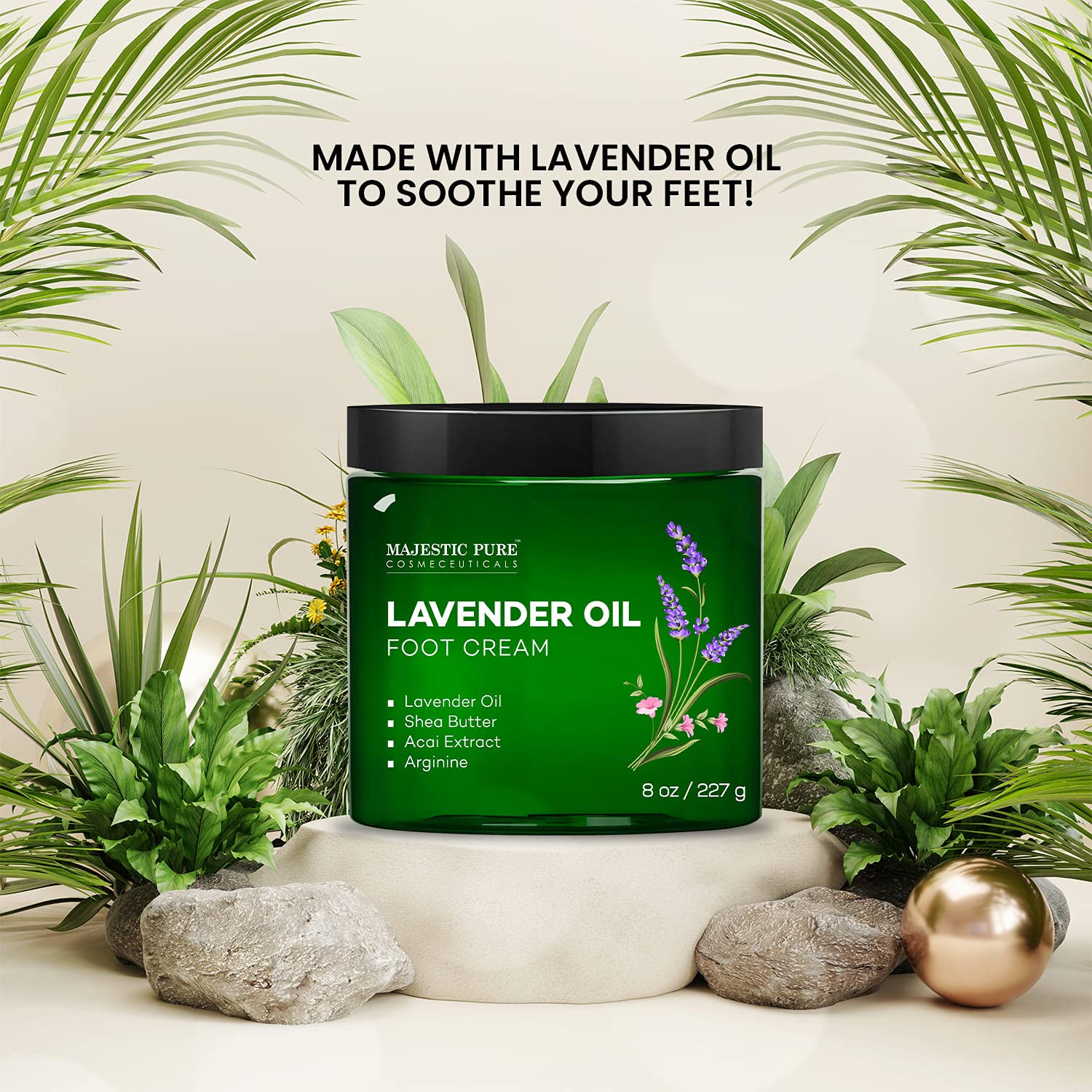 Majestic Pure Lavender Oil Foot Cream, Warming Cream - Calluses, Dry Cracked Feet, Hands, Heels, Elbow, Nails, And Knees - Softe