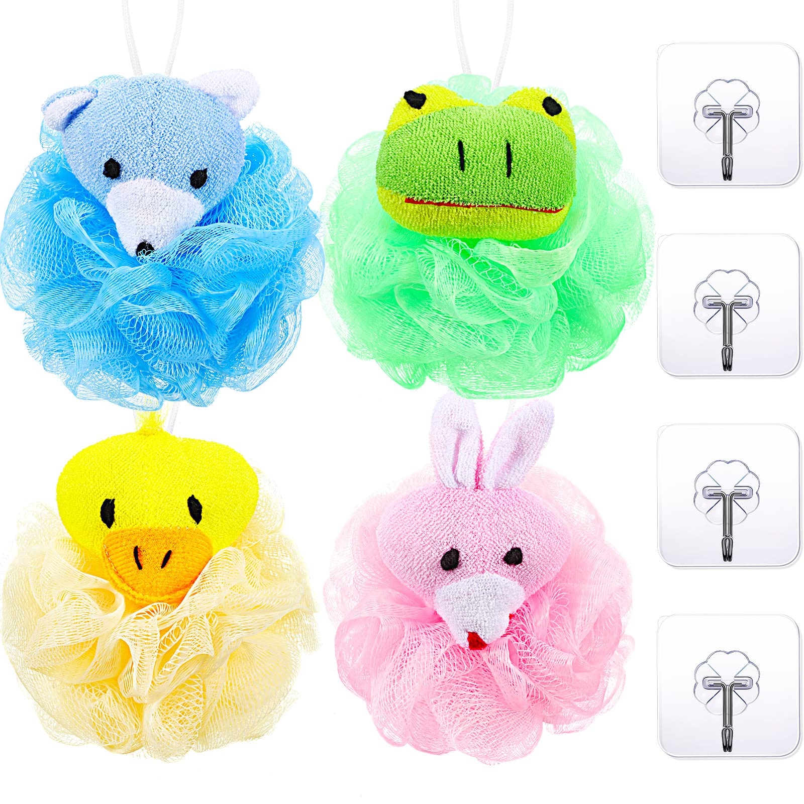 4 Pieces Animal Bath Sponge Cute Shower Sponge Colorful Cartoon Body Scrubber Balls Animal Pouf Loofahs Mesh With 4 Pieces Trans