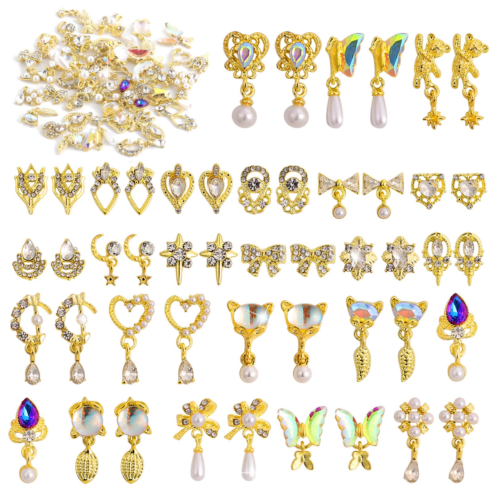 48 Pcs Dangle Nail Charms Luxury Rhinestones for Nails Heart Charms Gold Nail Gems Crystal Metal Nail Diamonds Stones for 3D Nai