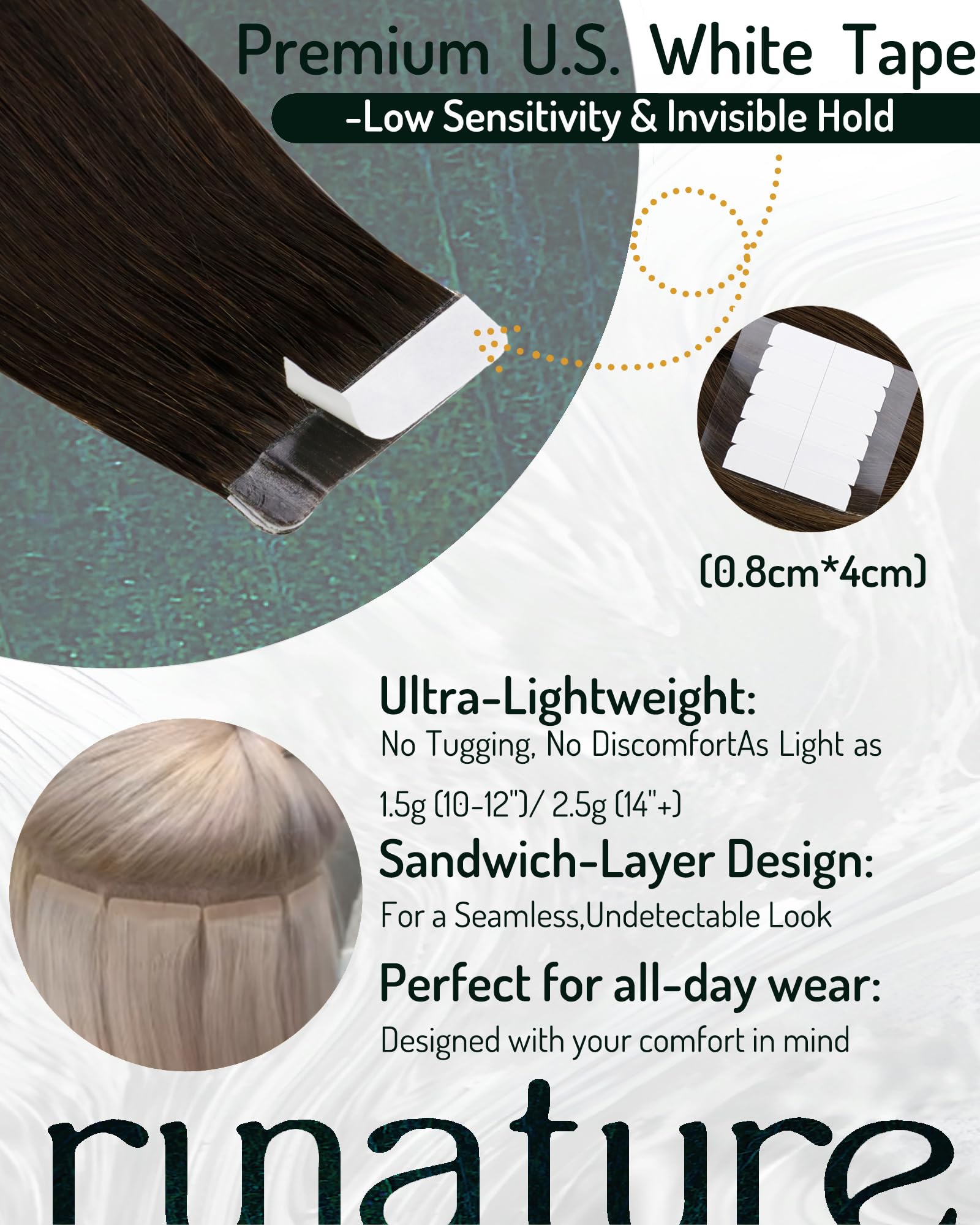 RUNATURE 20 Inch Tape ins Human Hair Extensions Brown Brazilian Straight Tape in Hair Extensions Real Human Hair Skin Weft Seaml
