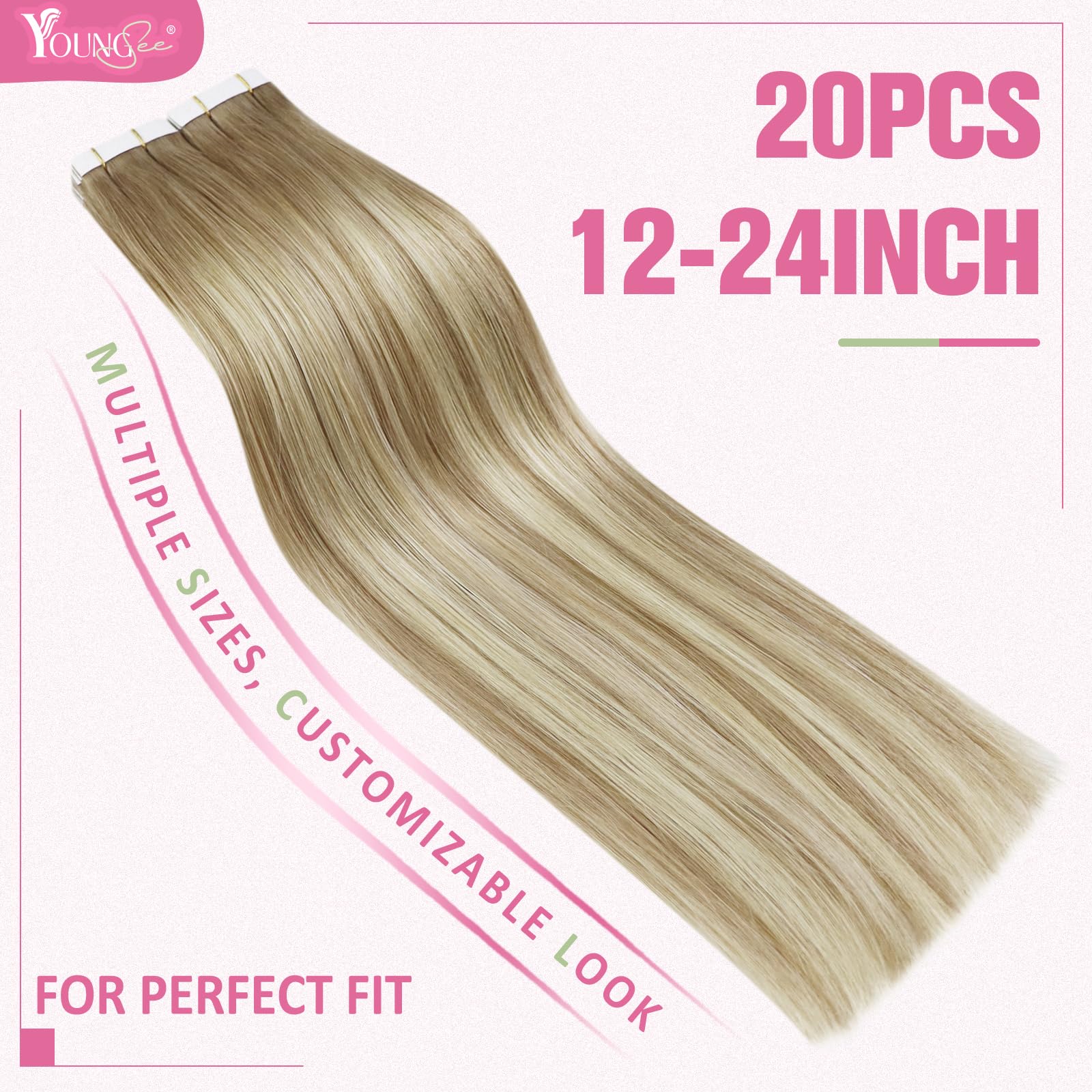 YoungSee Human Hair Tape in Extensions Balayage 14 Inch Human Hair Extensions Tape in Ombre Brown to Platinum Blonde Invisible T
