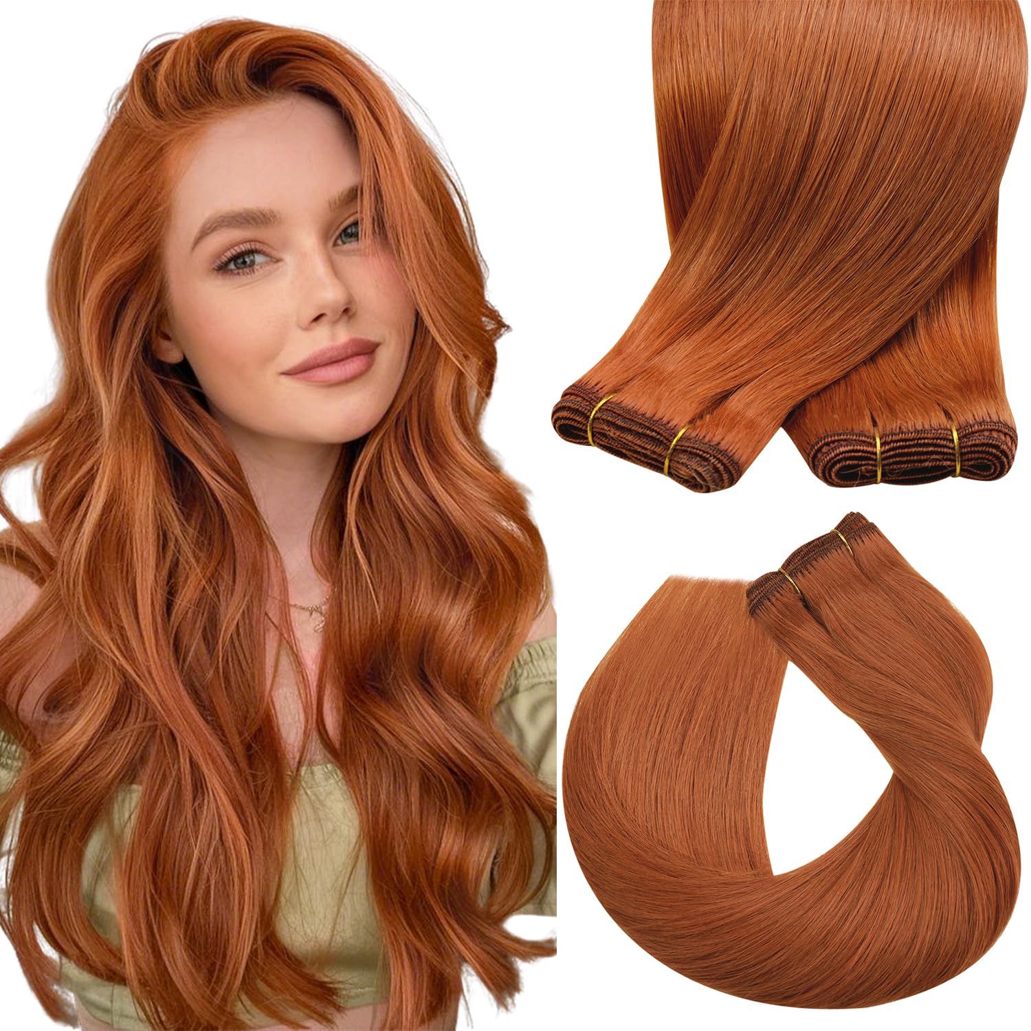 Sunny Hair Weft Hair Extensions Human Hair Light Copper Sew in Extensions Real Human Hair Color Copper Brown Human Hair Weft Ext