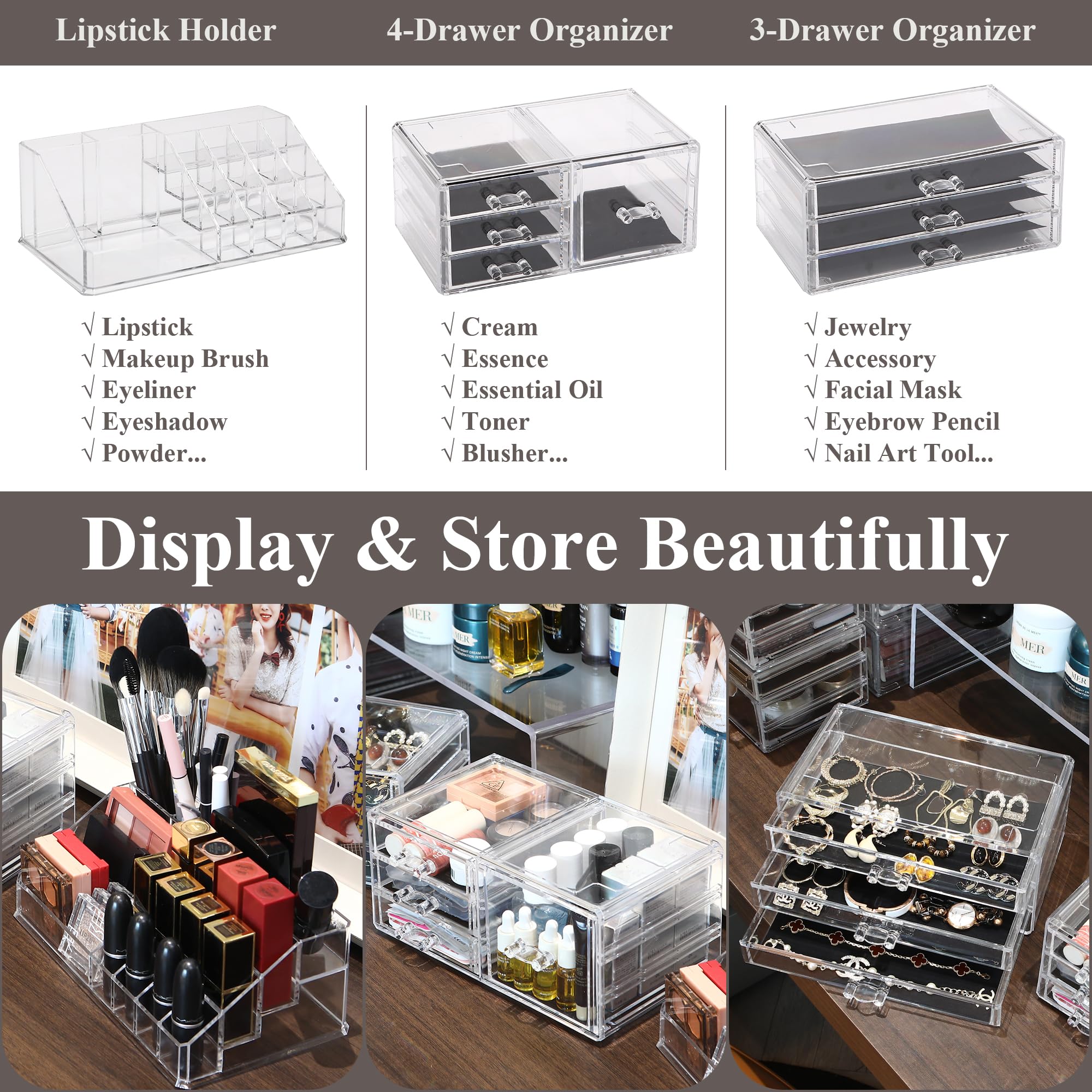 Sea Team 3-Layer Stackable Clear Makeup Organizer with Drawers, Acrylic Plastic Cosmetic Display Case, Jewelry Storage Box for D