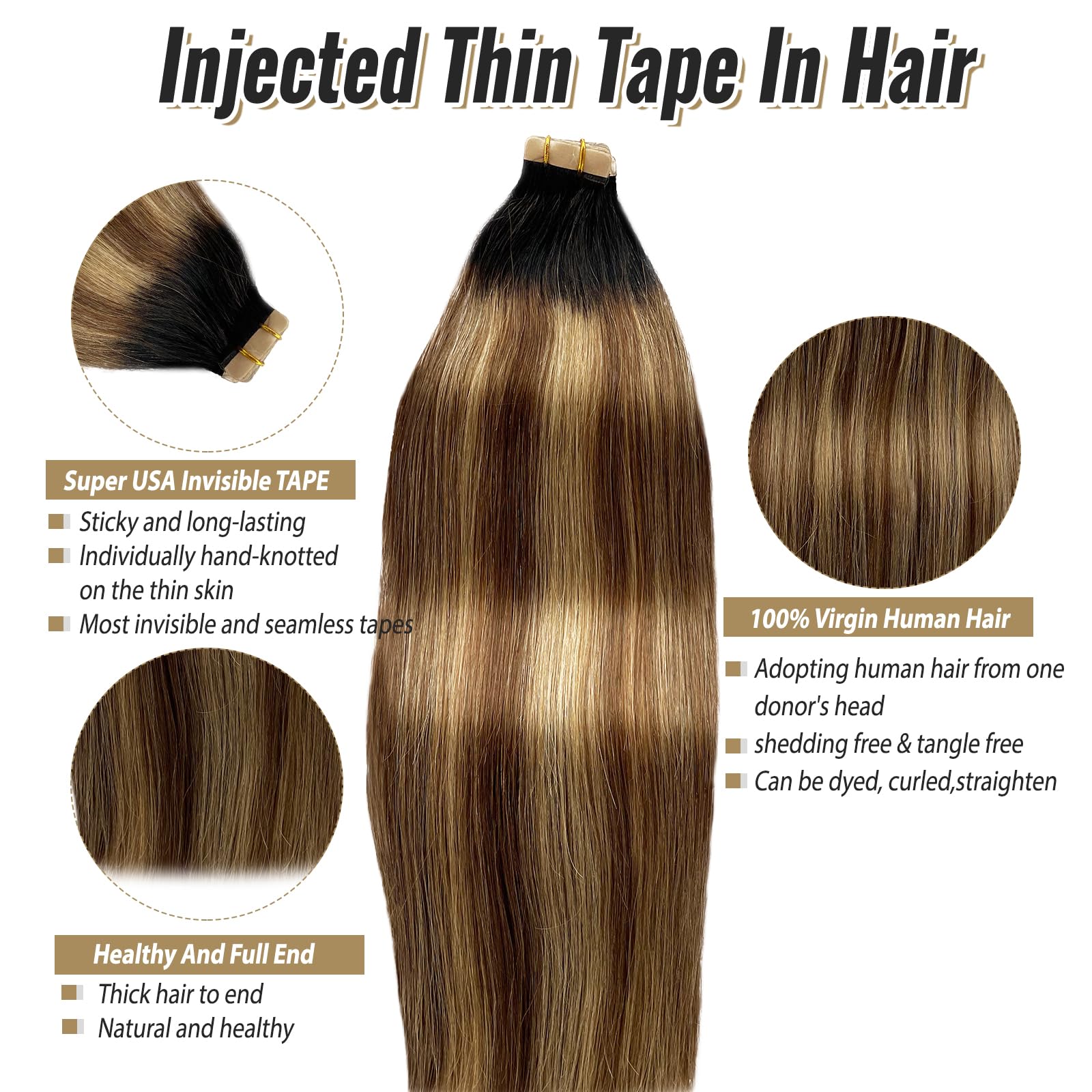 Highlight Brown Tape In Hair Extension 20Inch Dark Black To Medium Brown With Ash Blonde 50G 20Pcs Natural Human Hair Extensions