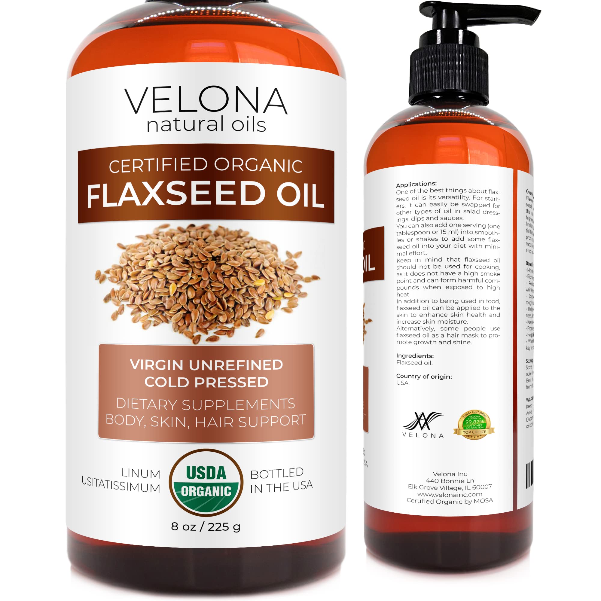 velona USDA Certified Organic Flaxseed Oil - 8 fl oz | 100% Pure and Natural Carrier Oil | Unrefined, Cold Pressed | Hair Growth