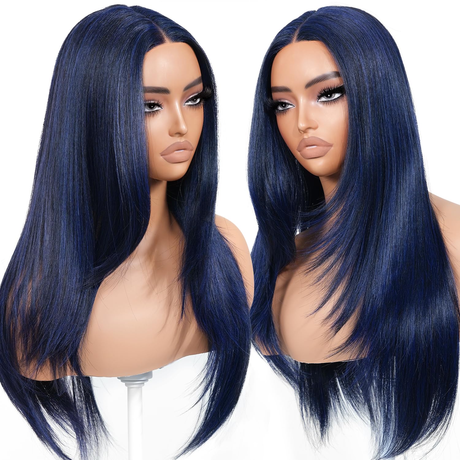 BrownBomb Dark Blue Wear and Go Glueless Wigs Pre Plucked Pre Cut for Beginners Synthetic Lace Front Wig for Woman Long layered 